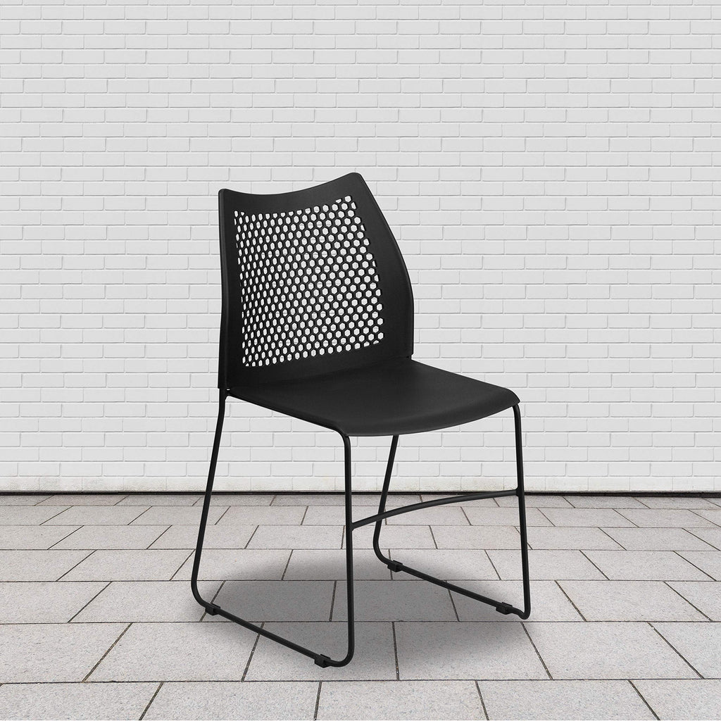 Flash Furniture HERCULES Series 661 lb. Capacity Black Stack Chair with Air-Vent Back and Black Powder Coated Sled Base