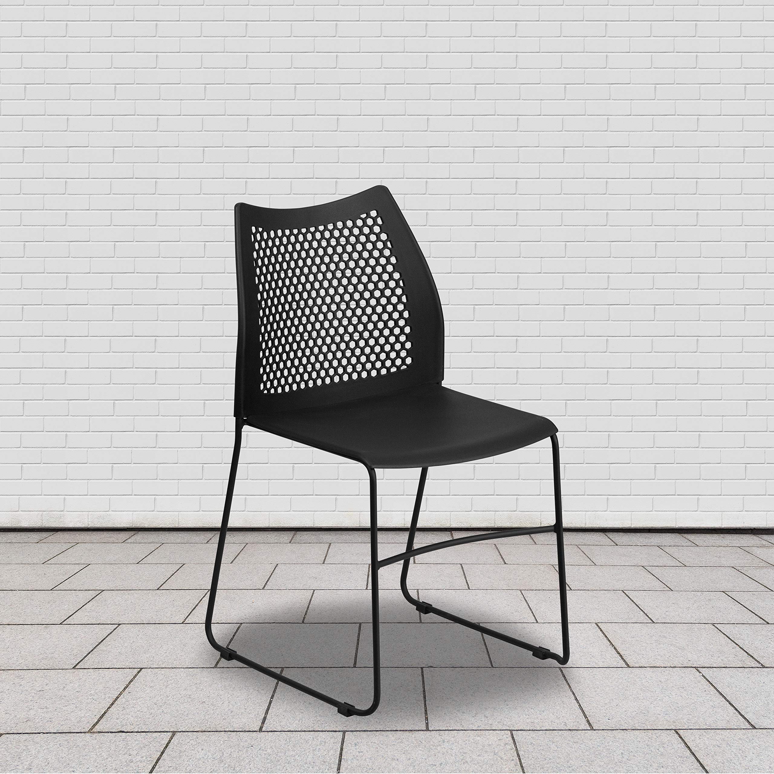 Flash Furniture HERCULES Series 661 lb. Capacity Black Stack Chair with Air-Vent Back and Black Powder Coated Sled Base