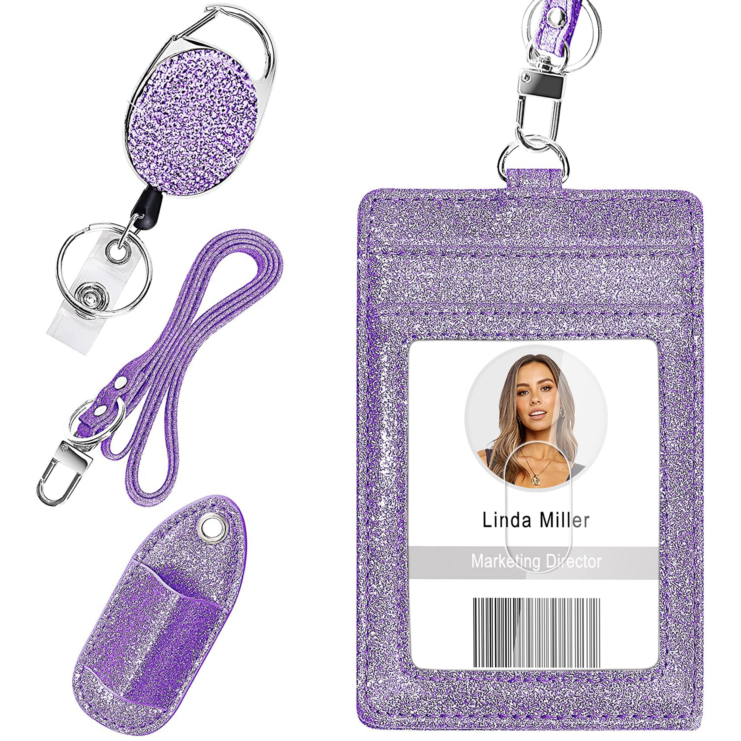 Retractable Id Badge Holder, Multipurpose Bling Rhinestone Badge Reel With Belt Clip, Shiny Pu Leather Badge Holder With Lanyard
