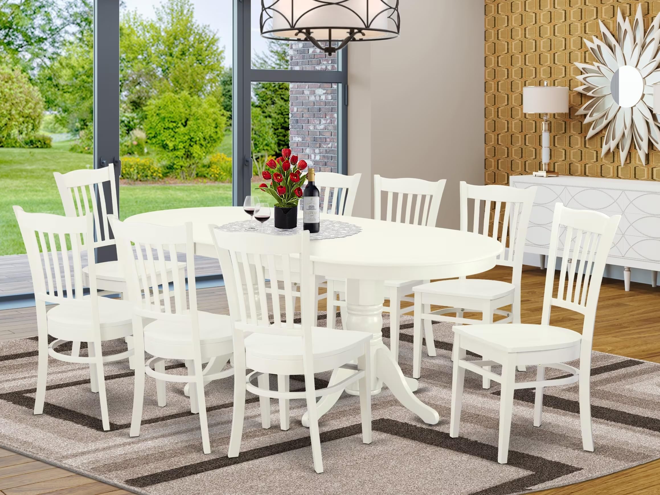 East West Furniture Vagr9-Lwh-W 9 Piece Dining Set Includes An Oval Dining Room Table With Butterfly Leaf And 8 Wood Seat Chairs, 40X76 Inch, Linen White