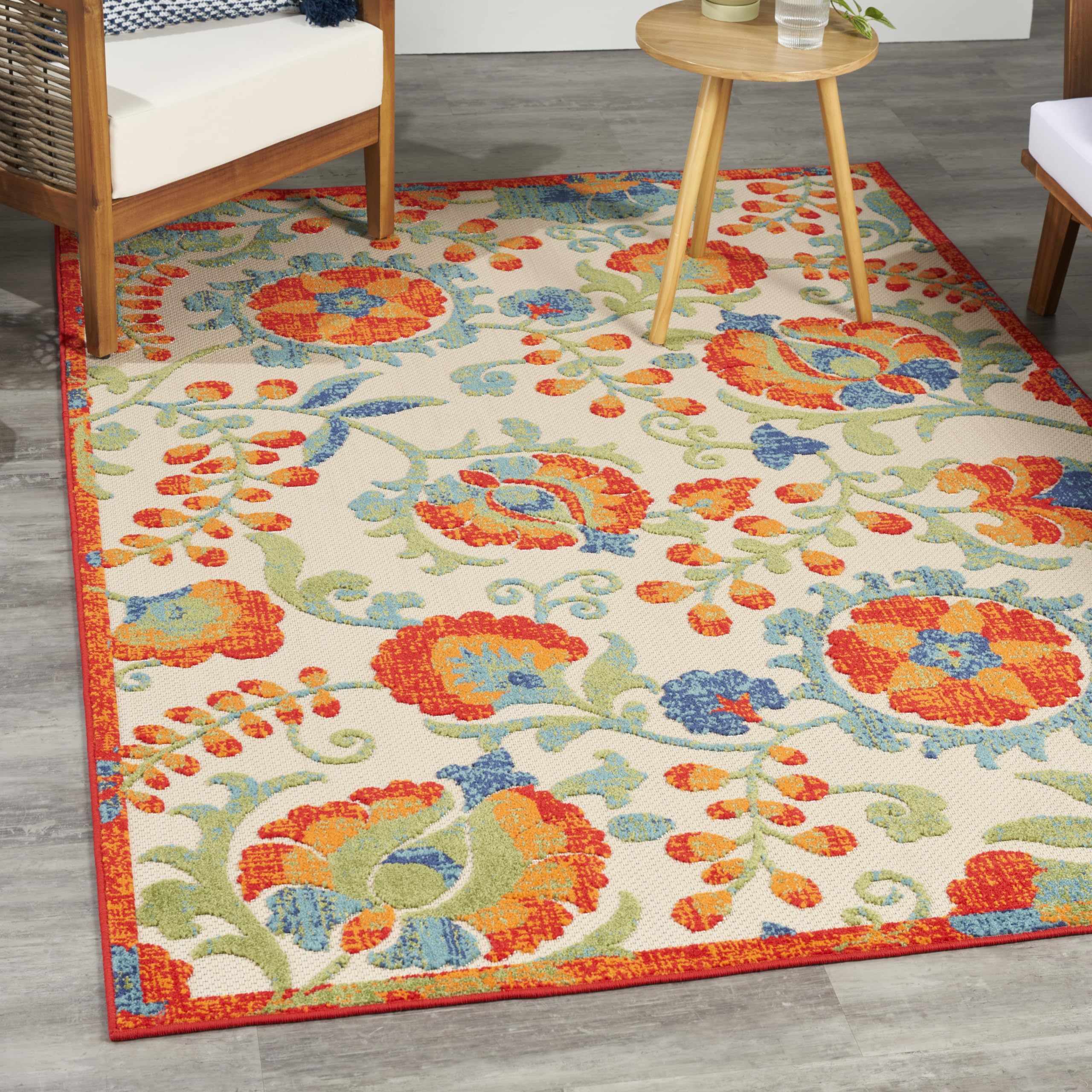 Nourison Aloha Indoor Outdoor Red Multicolor 6' X 9' Area Rug, Easy Cleaning, Non Shedding, Bed Room, Living Room, Dining Room, Backyard, Deck, Patio (6X9)