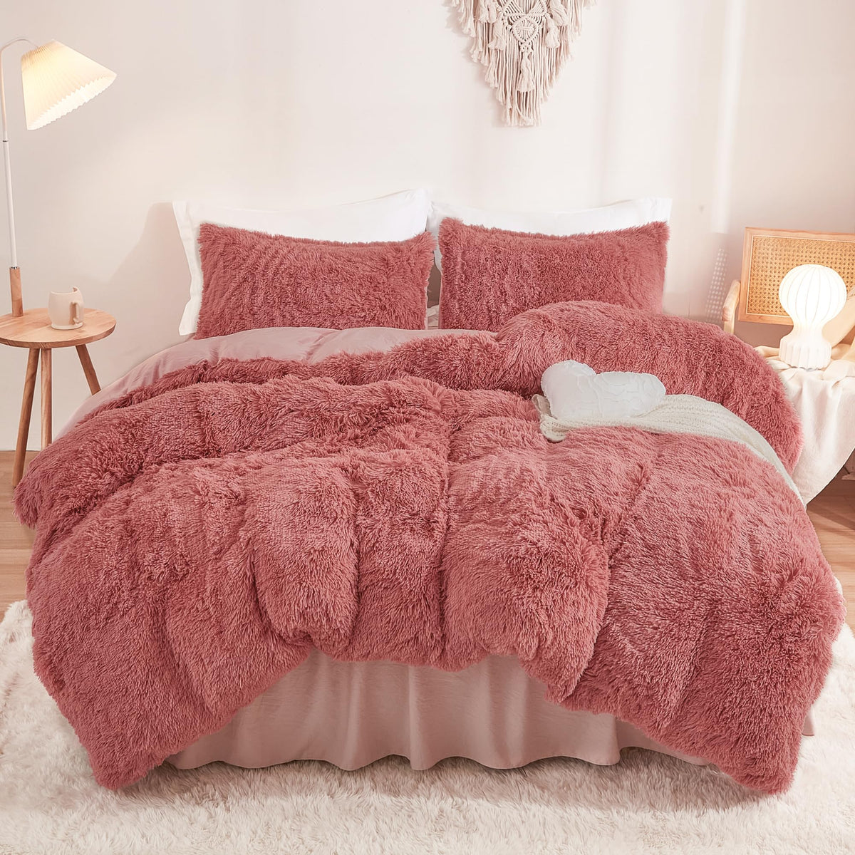 Annadaif Fluffy Duvet Cover Full Size, Old Pink Plush Shaggy Faux Fur Comforter Cover Velvet Bedding Set With Zipper Closure(1 D