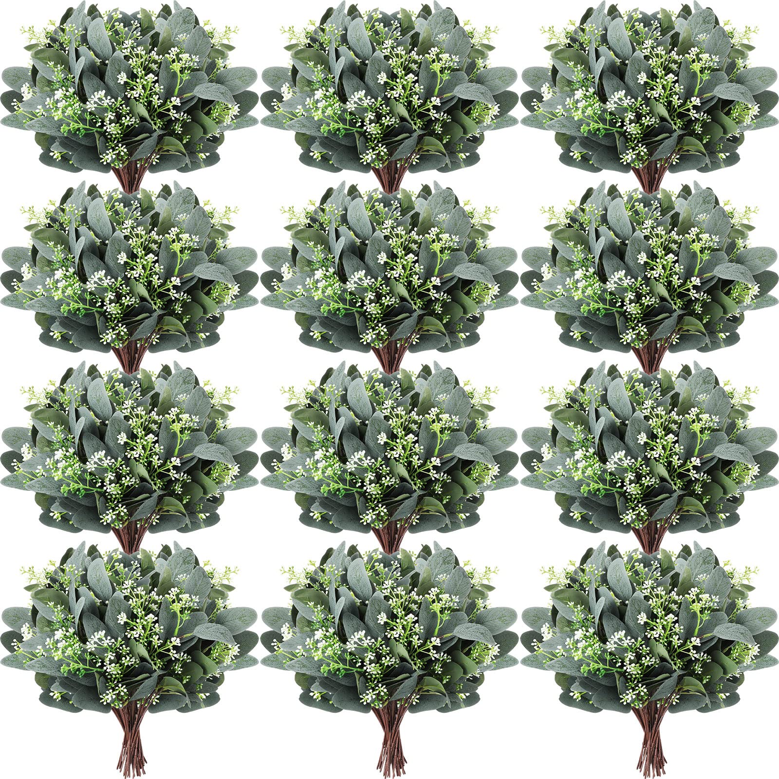100 Pcs Eucalyptus Leaves Stems Artificial Eucalyptus Leaves Artificial Silver Dollar with White Seeds Grey Green Short Leaves F