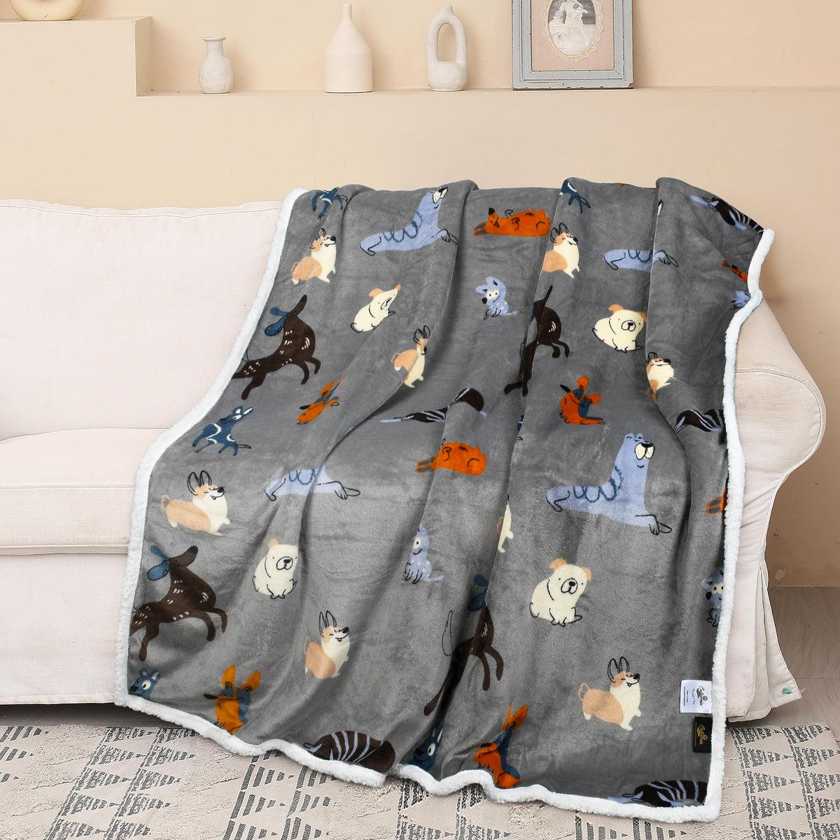 Catalonia Dog Print Sherpa Fleece Throw Blanket, Soft Mink Plush Couch Blanket, Fuzzy Fluffy Comfy Warm Throws, Comfort Caring G