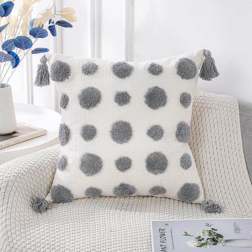 Panod Super Soft Farmhouse Decorative Plush Throw Pillow Covers 26 X 26 Grey,Solid Pom Pom Tufted With Tassels Modern Accent Boh