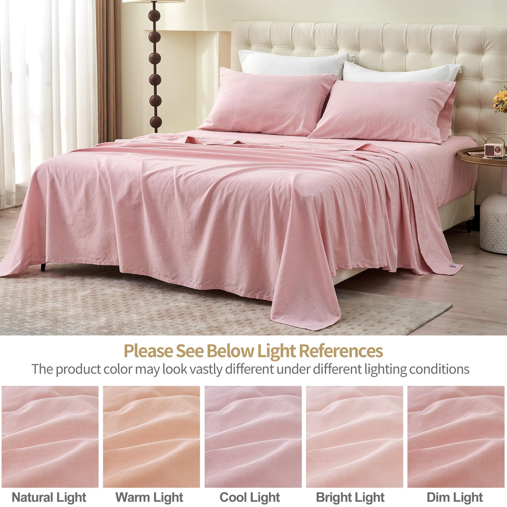Simple&Opulence Belgian Linen Sheet Set Solid Color - 4 Pieces (1 Flat Sheet & 1 Fitted Sheet & 2 Pillowcases) Natural Flax Cotton Blend Soft Bedding Breathable Farmhouse - Pale Pink, King Size