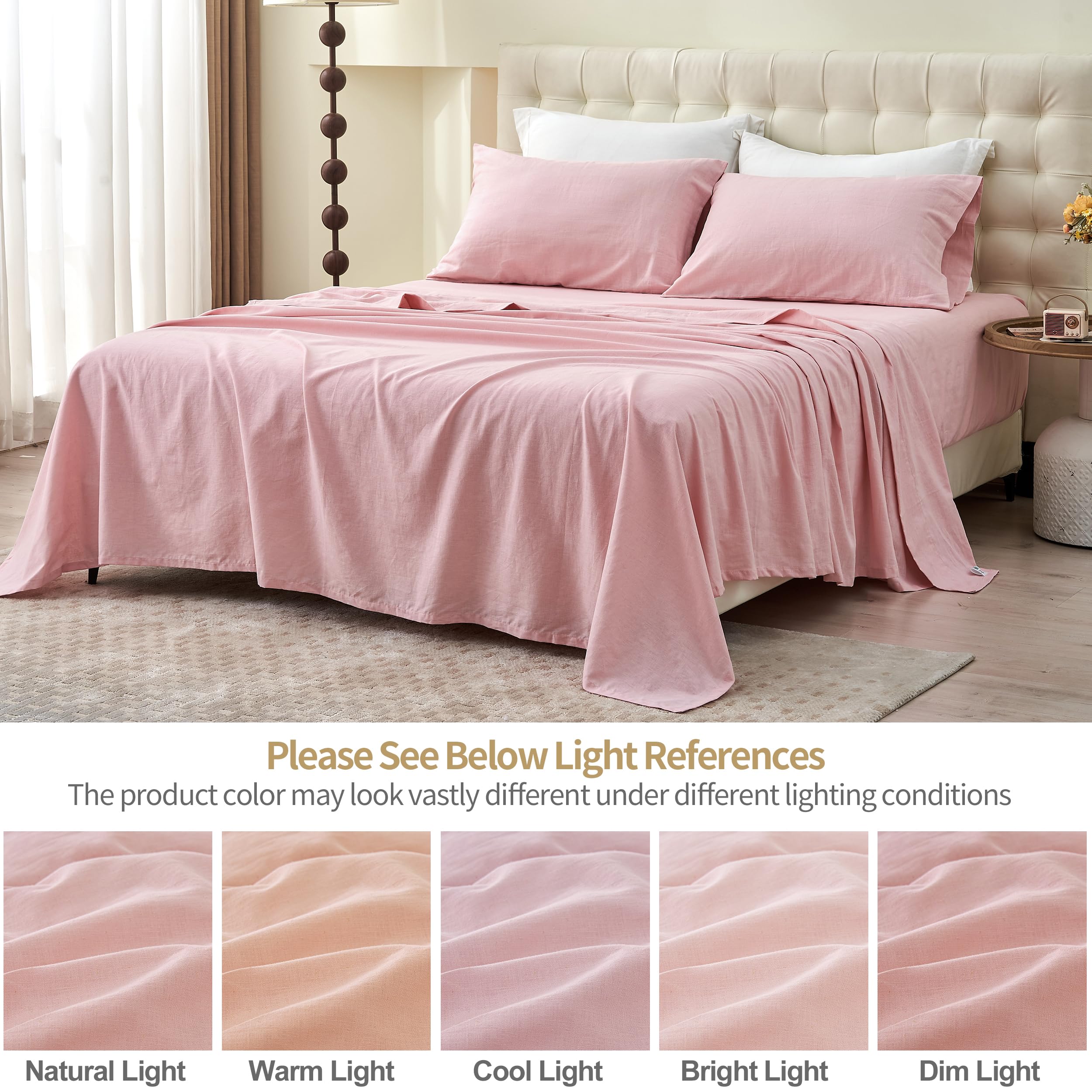 Simple&Opulence Belgian Linen Sheet Set Solid Color - 4 Pieces (1 Flat Sheet & 1 Fitted Sheet & 2 Pillowcases) Natural Flax Cotton Blend Soft Bedding Breathable Farmhouse - Pale Pink, King Size