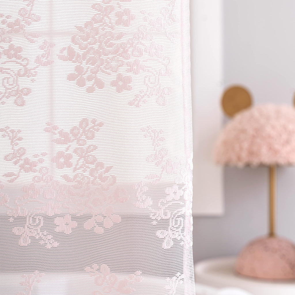 Tudeco Pink Shower Curtain - Shabby Chic Lace Shower Curtain With Attach Valance For Bathroom, Cute Sheer Vintage Coquette Flora