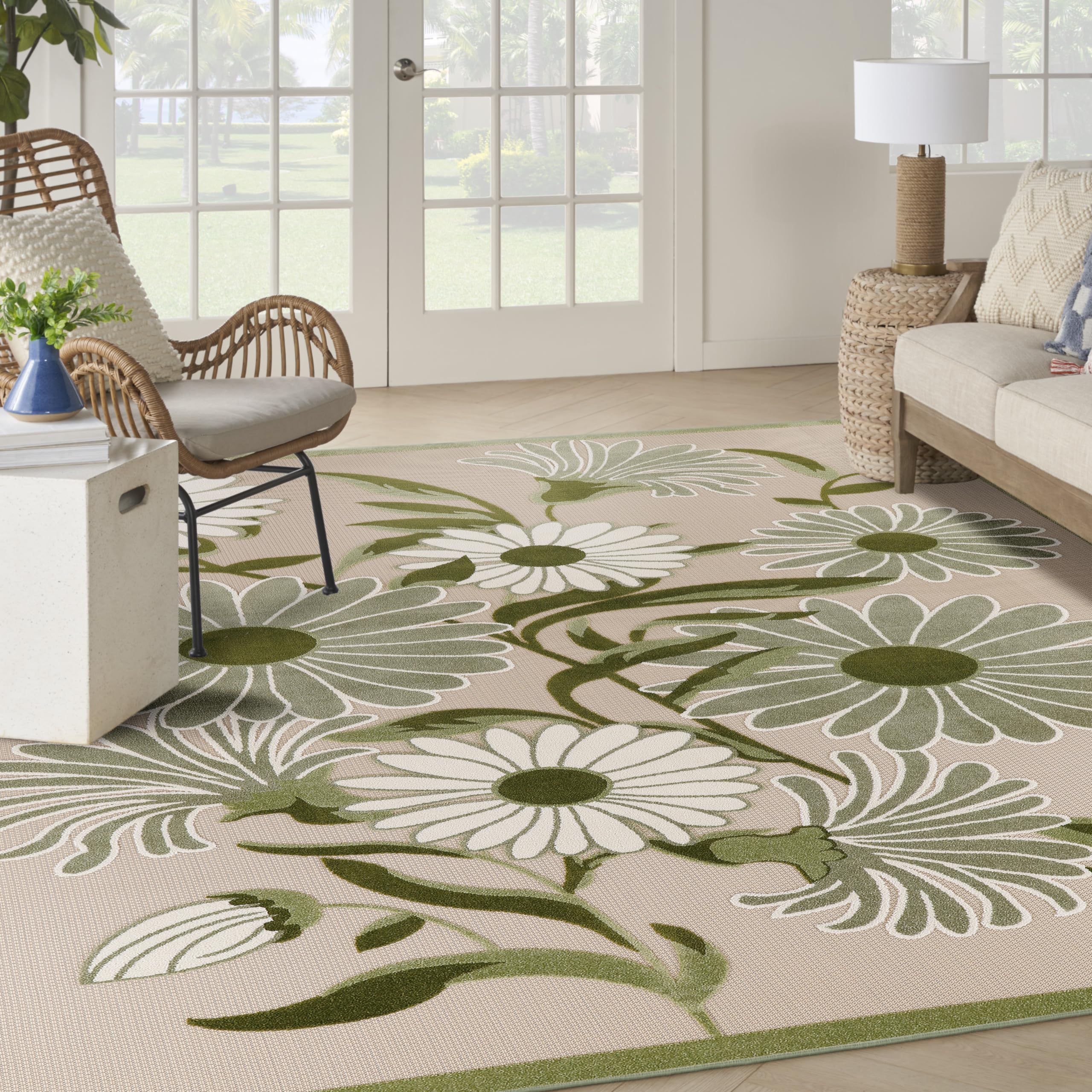 Nourison Aloha Indoor/Outdoor Ivory Green 12 x 15 Area Rug, Easy-Cleaning, Non Shedding, Bed Room, Living Room, Dining Room, B