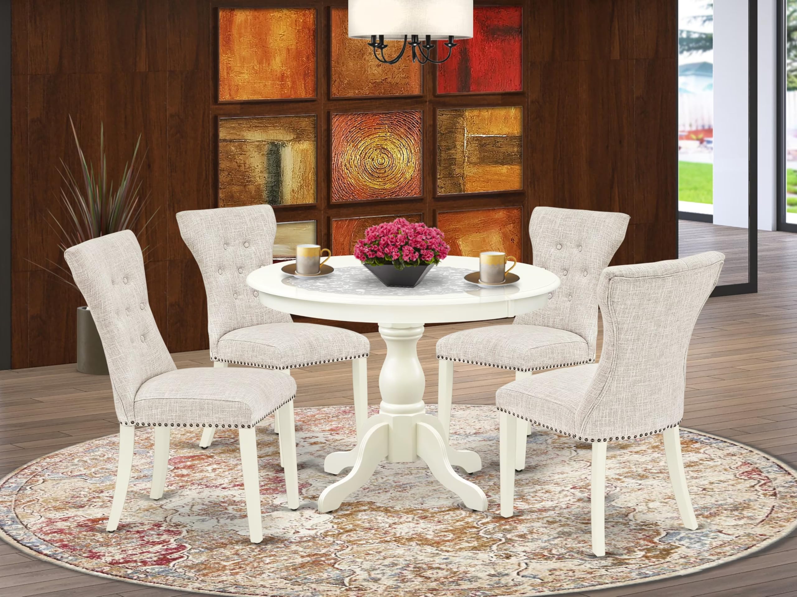 East West Furniture HBGA5-LWH-35 5 Piece Dining Table Set for 4 Includes a Round Kitchen Table with Pedestal and 4 Doeskin Linen Fabric Parsons Dining Chairs, 42x42 Inch, Linen White