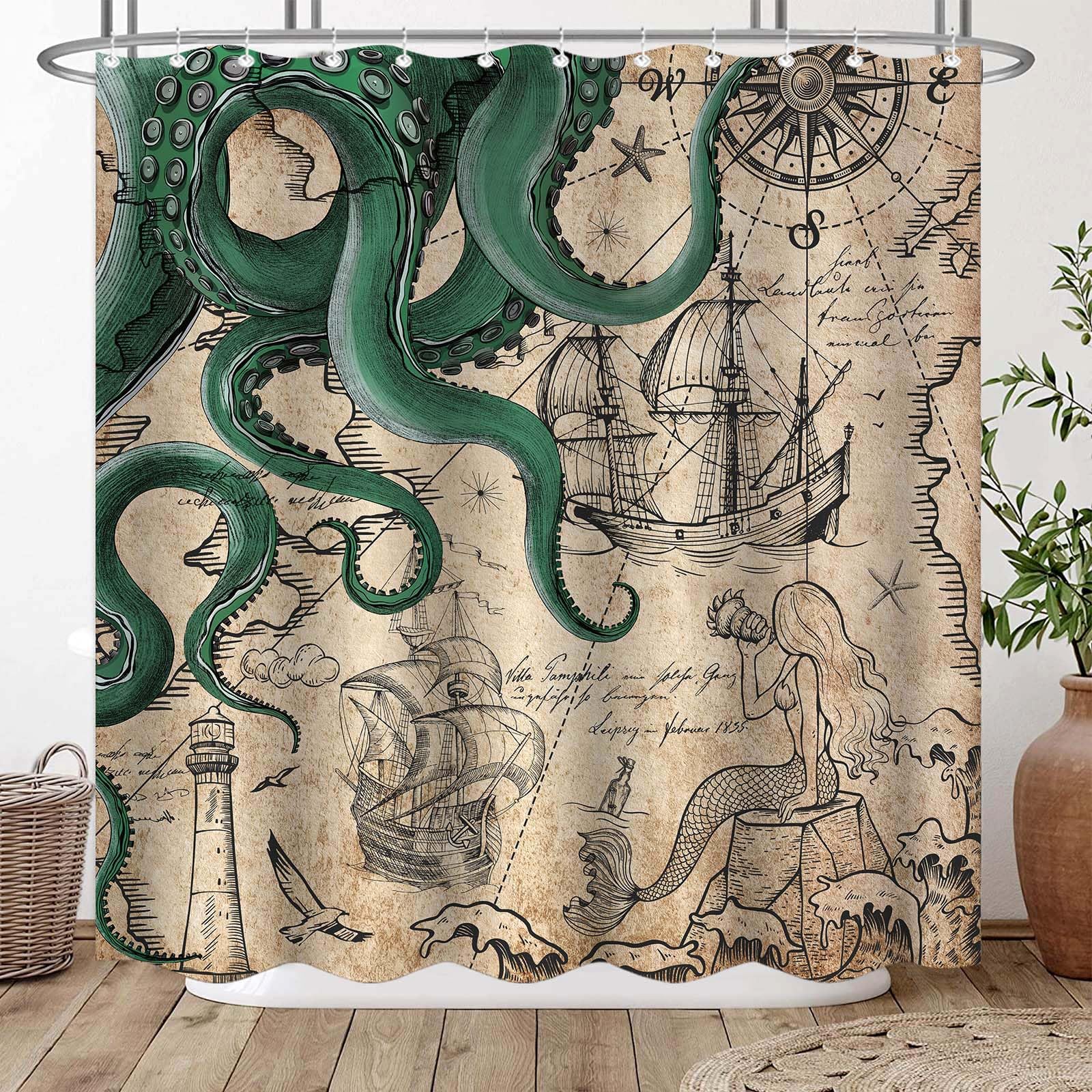 Fungarth 84 Inch Extra Long Vintage Green Nautical Octopus Shower Curtain Mermaid Funny Ocean Kraken Shower Curtains For Bathroo
