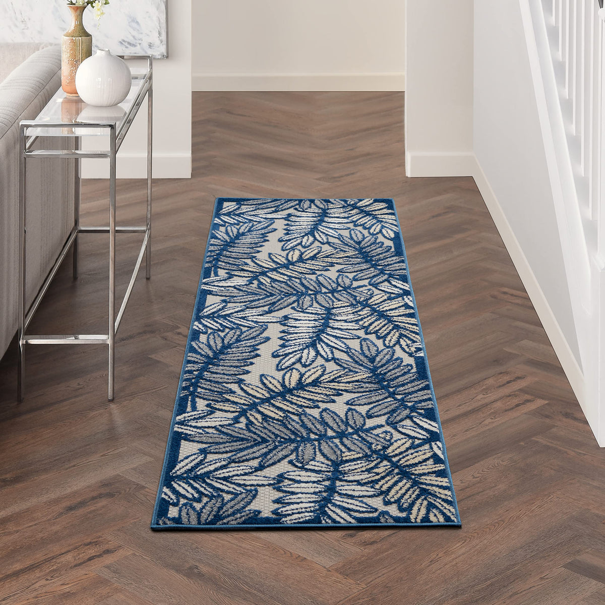 Nourison Aloha Indoor/Outdoor Ivory/Navy 2'3' X 8' Area Rug, Tropical, Botanical, Easy Cleaning, Non Shedding, Bed Room, Kitche
