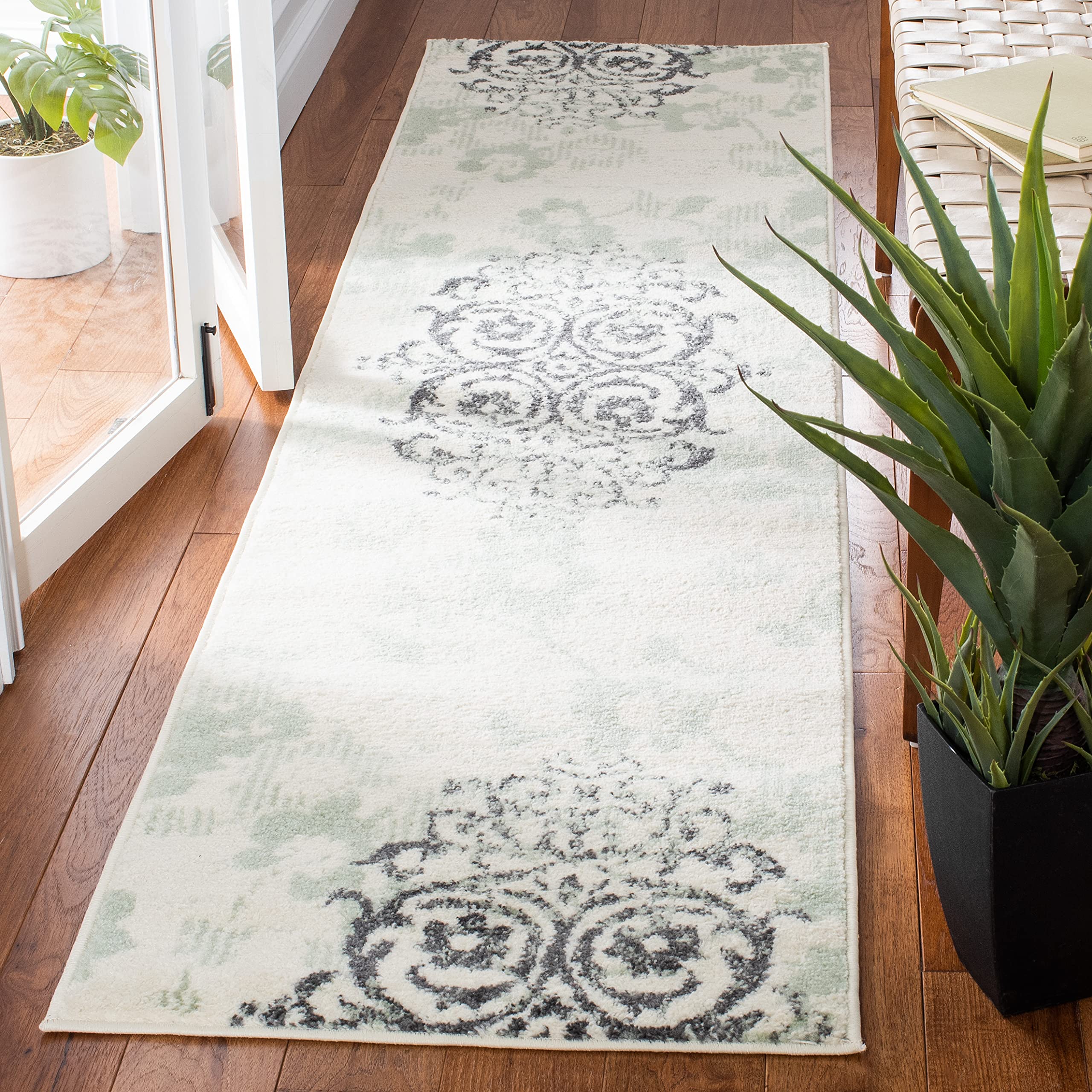SAFAVIEH Adirondack Collection Runner Rug - 26 x 6 Runner, Ivory & Green, Floral Glam Damask Distressed Design, Ideal for High