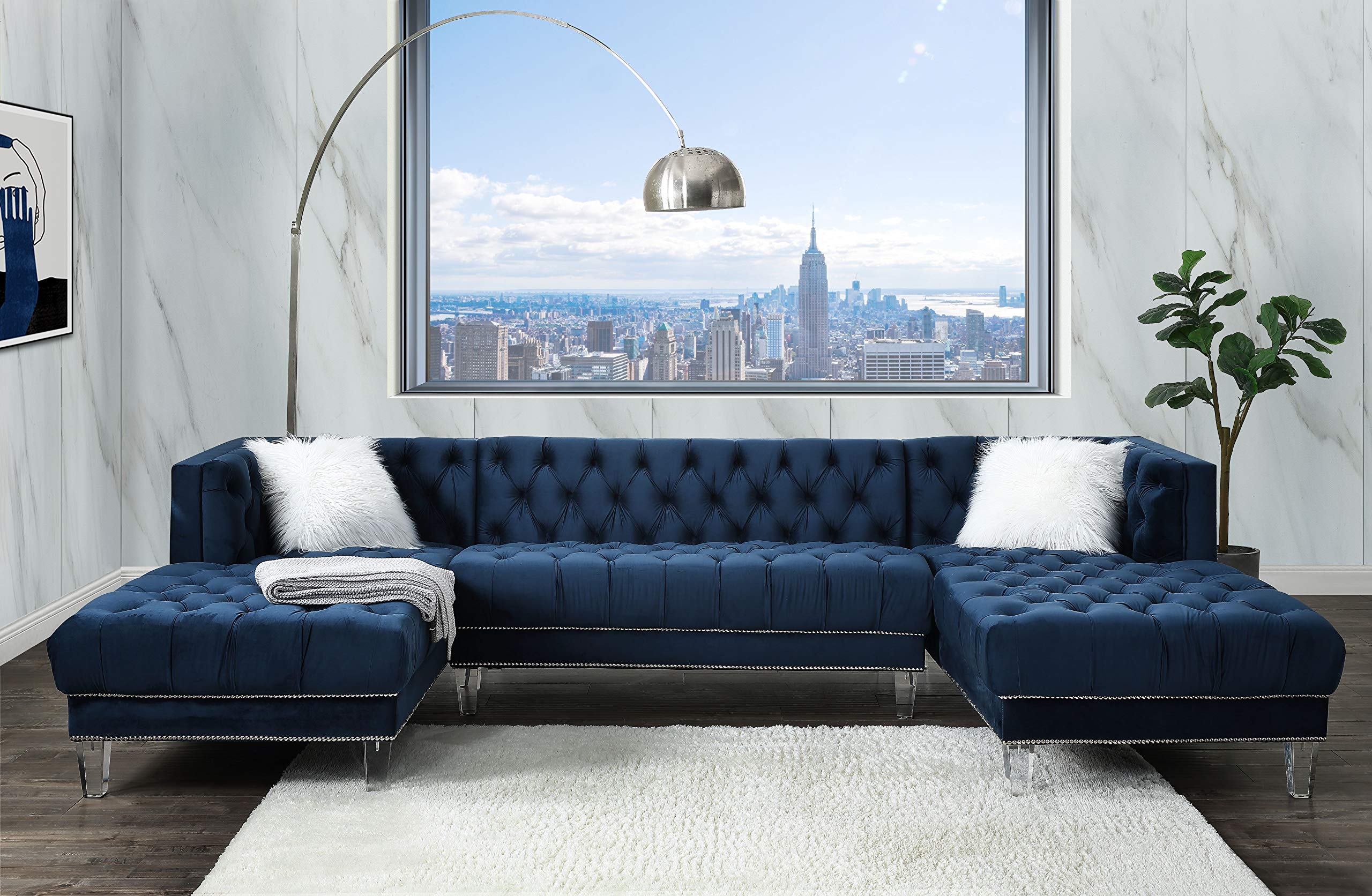 Acme Ezamia Velvet Tufted Sectional Sofa with 2 Pillows in Navy Blue