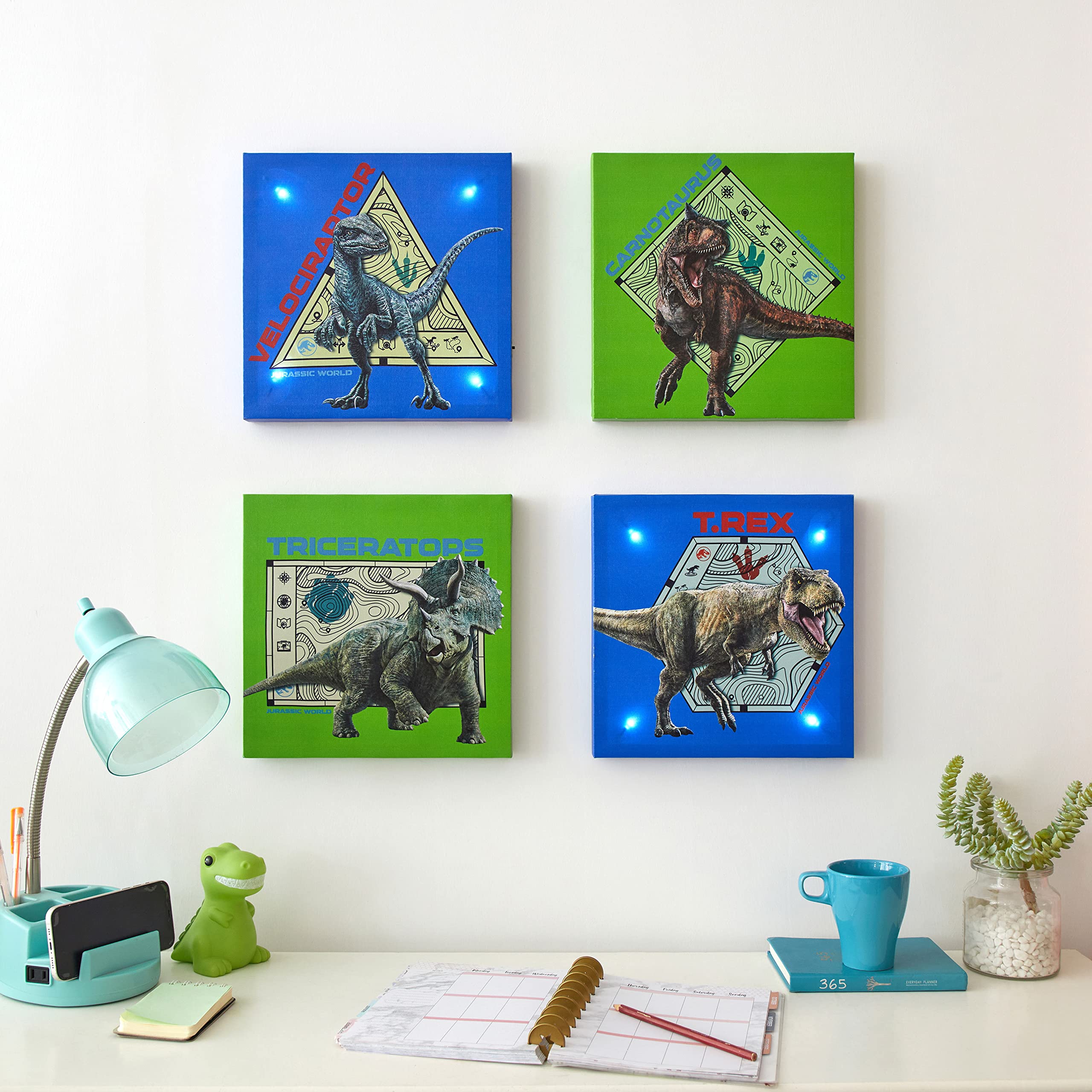 Idea Nuova Universal Jurassic World Canvas 4 Pack LED Wall Art Set,Childrens Wall Hanging D  cor,Each Piece 11x11