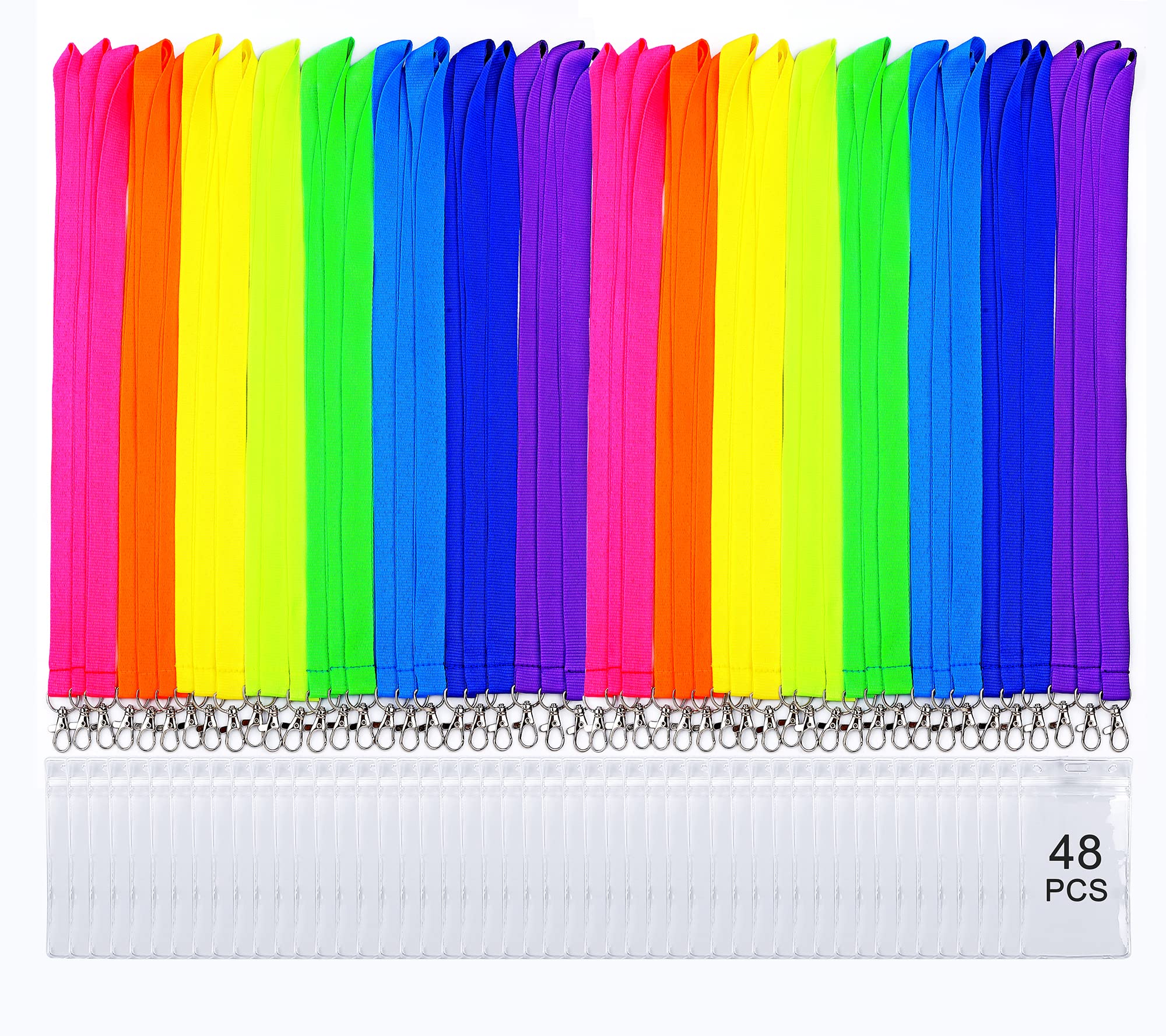 Canwelux 48 Pack Bright Neon Lanyard For Id Badges, Neon Lanyard With Anti-Lost Id Holders For Cruise Ship Card, Colorful Neon L