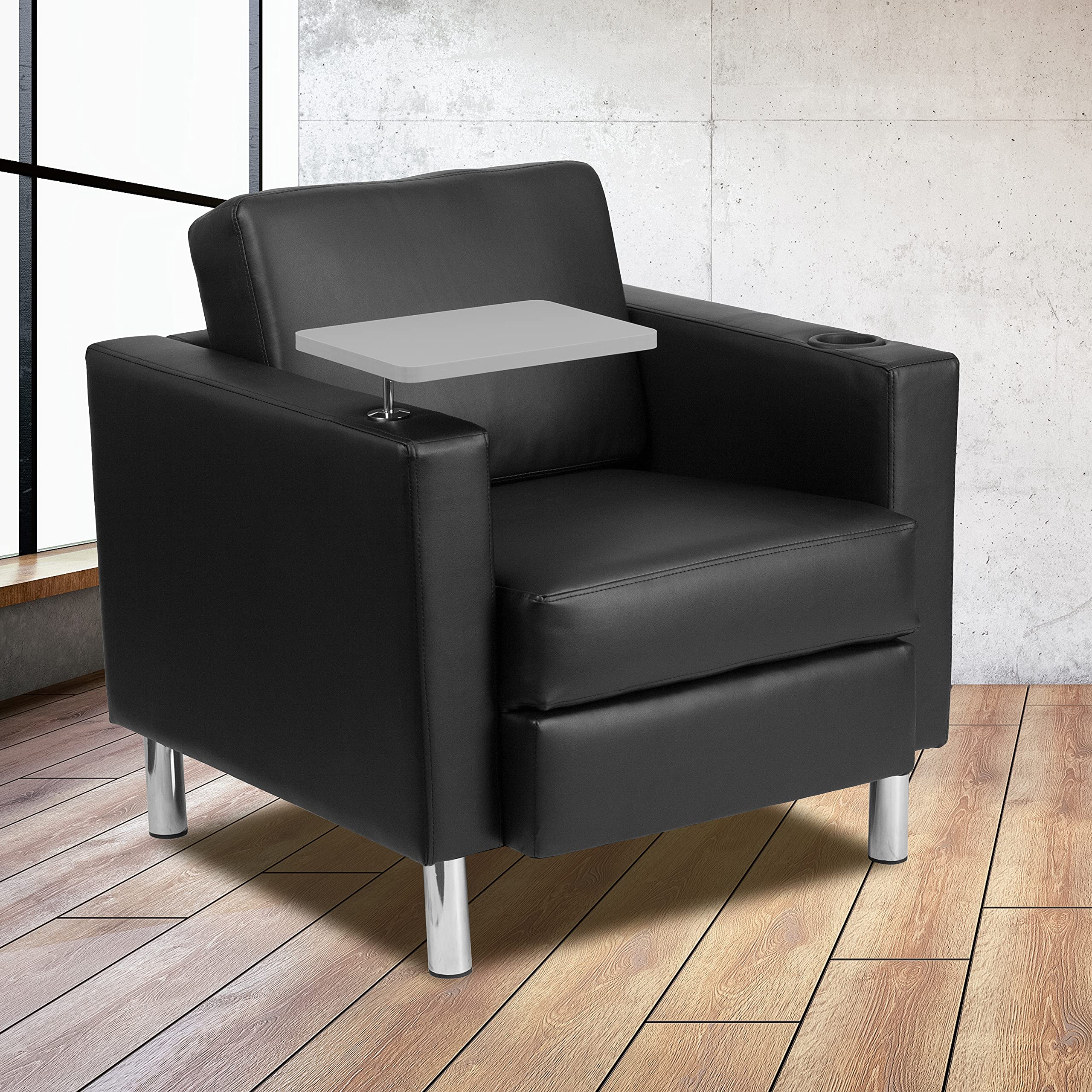 Flash Furniture George Black Leathersoft Guest Chair With Tablet Arm, Tall Chrome Legs And Cup Holder