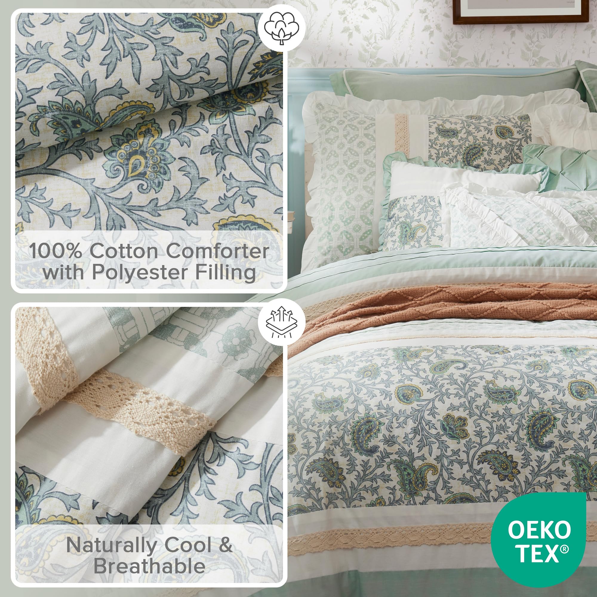 Madison Park Dawn 100% Cotton Shabby Chic Comforter Set-Modern Cottage Design All Season Down Alternative Bedding, Matching Shams, Bedskirt, Decorative Pillows, King(104'X92'), Aqua 9 Piece