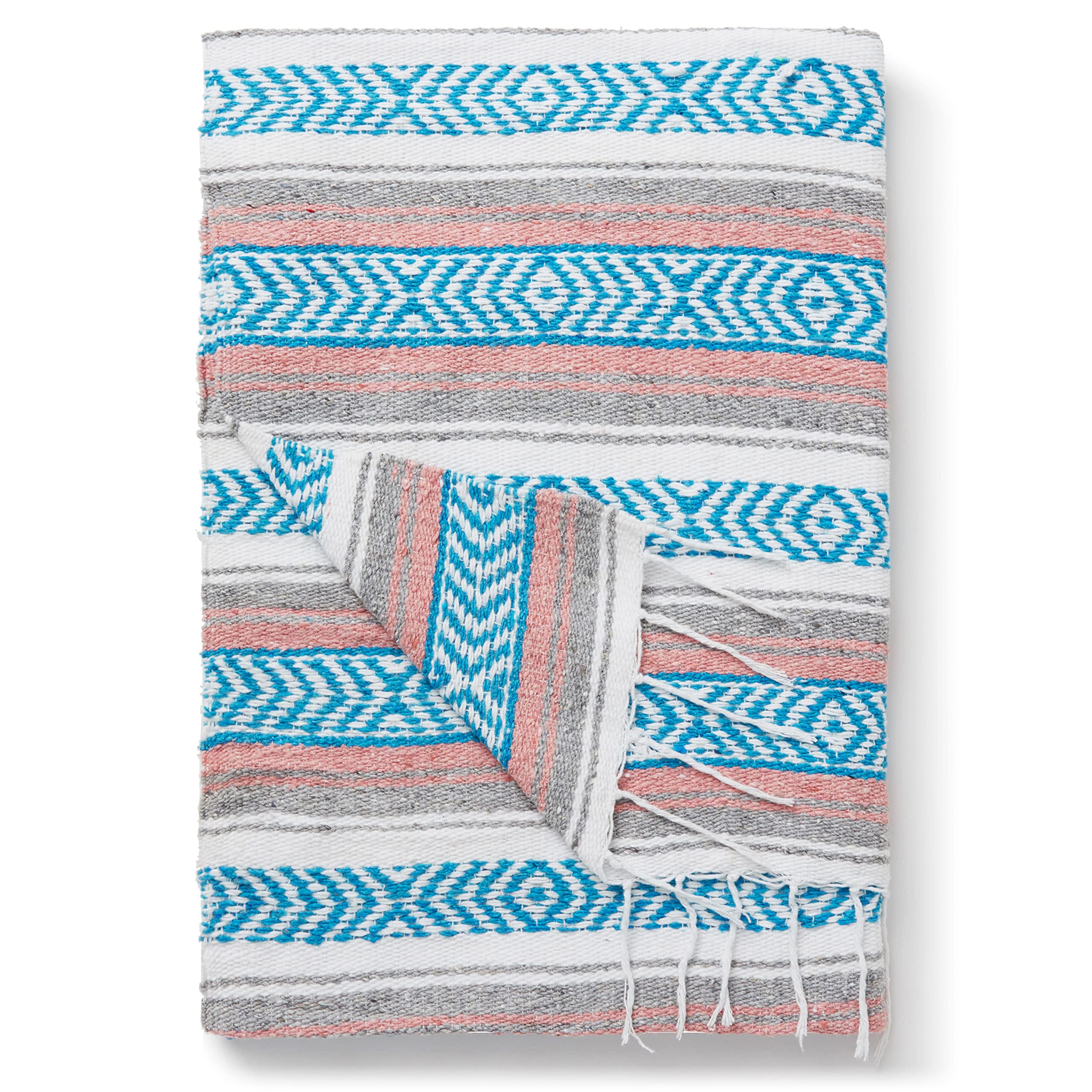 Gray, Teal and Pink Mexican Blanket by Laguna Beach Textile Co - Beach, Yoga, Camping, or Decorative Throw Blanket - Traditional