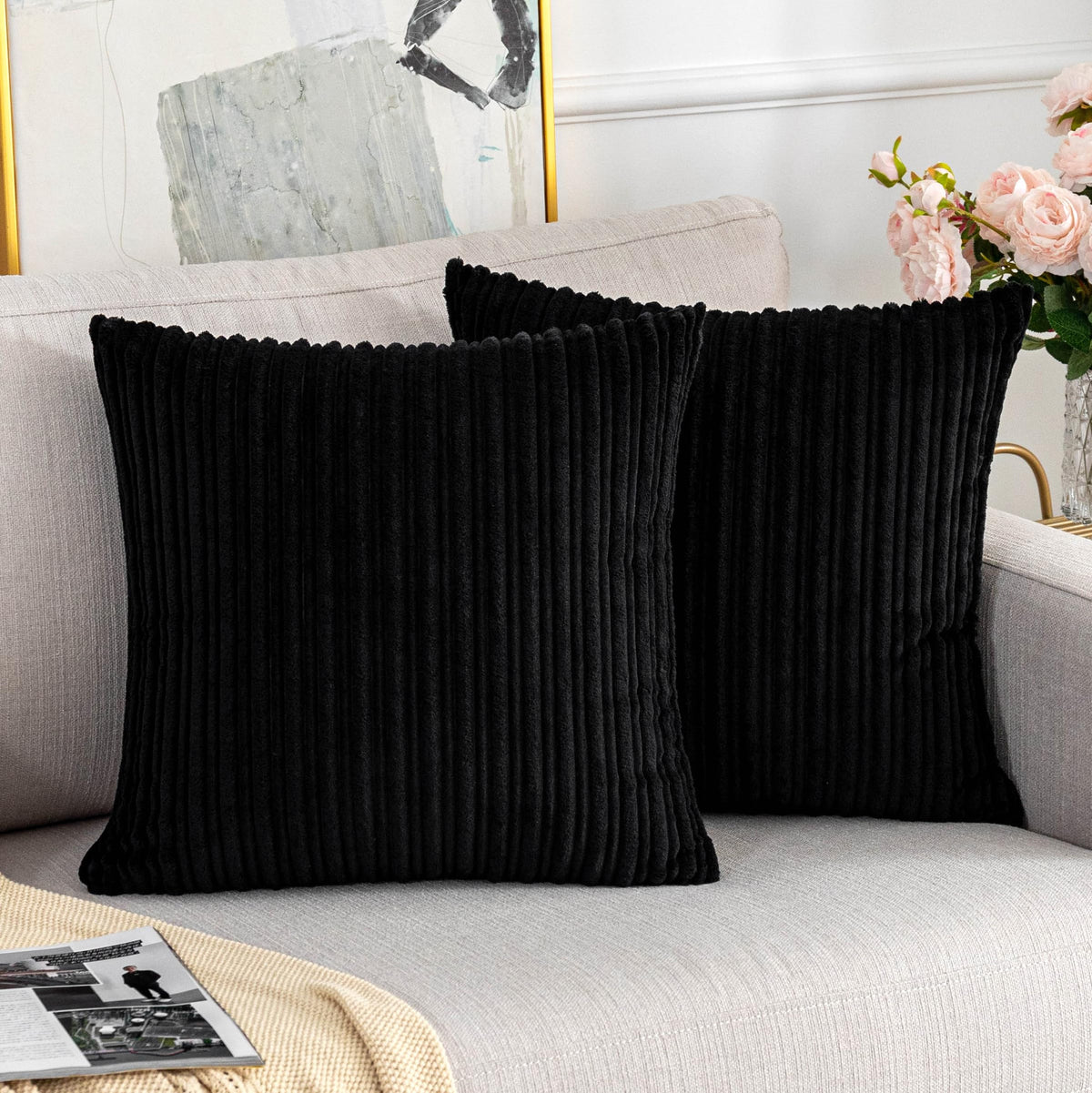 Ugasa Corduroy Striped Soft Square Throw Pillow Covers Soild Decorative Set Cushion Cases Pillowcases For Sofa Bedroom, 2 Pcs, 1