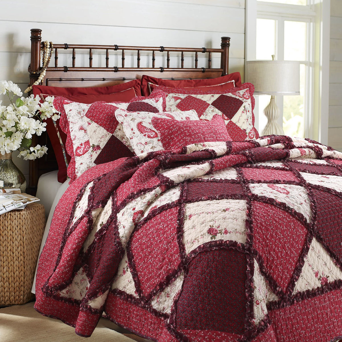 Cozy Line Home Fashions 100% Cotton True Patchwork Reversible Red Floral Paisley Rag Ruffle Farmhouse Quilt Bedding Set, Coverle