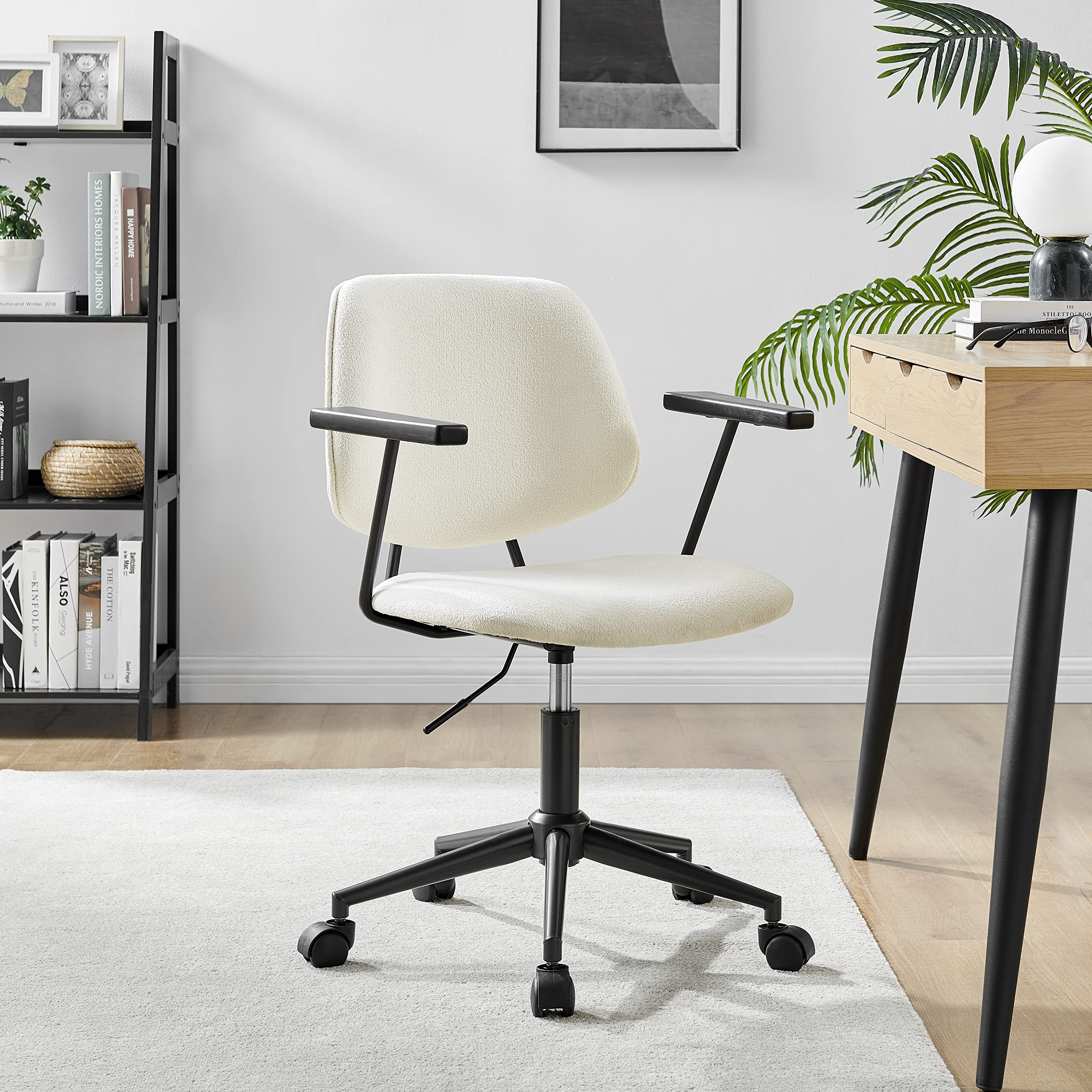 Npd Furniture And More Noah Fabric Swivel Arm, Fuzzy Ivory Home Office Chair, Beige