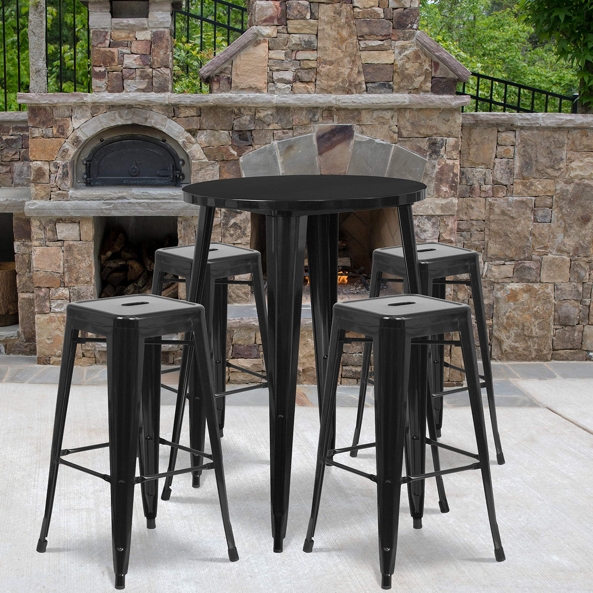 Flash Furniture Commercial Grade 30&quot; Round Black Metal Indoor-Outdoor Bar Table Set with 4 Square Seat Backless Stools