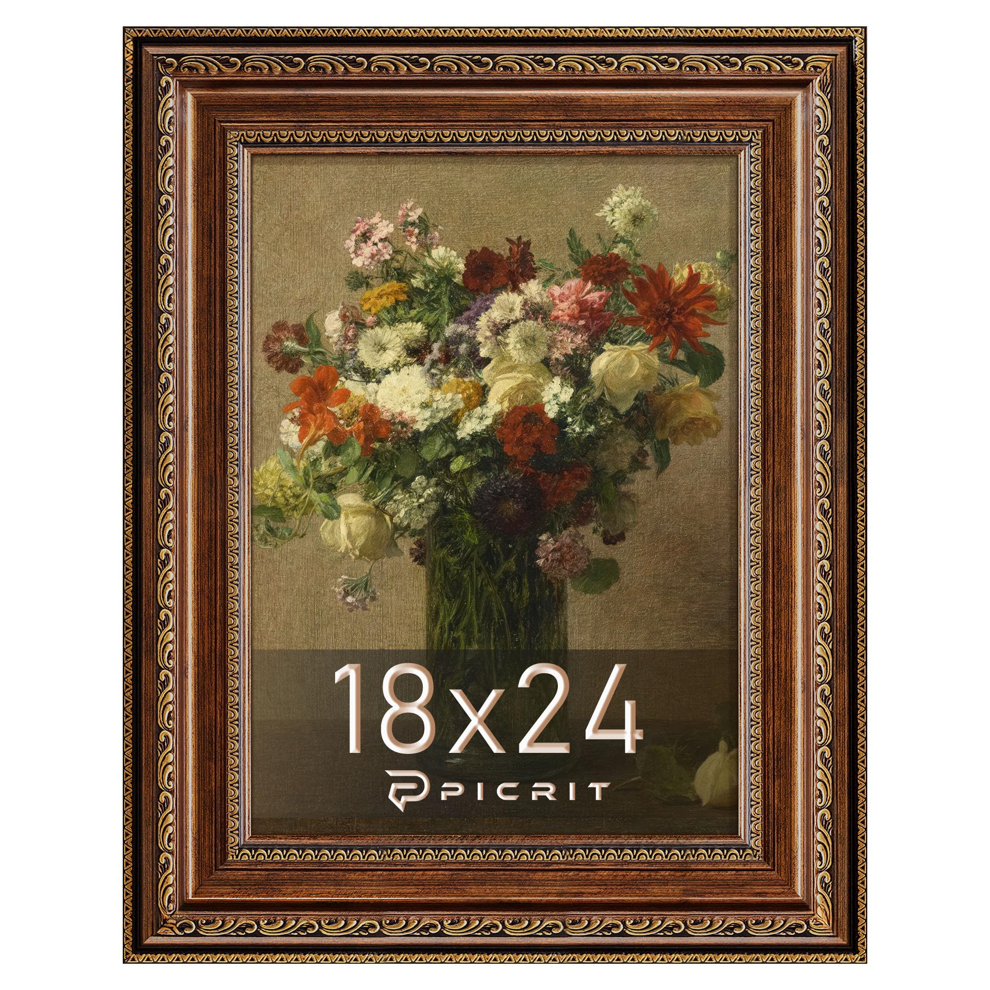 Picrit 18x24 Antique Gold Bronze Poster Frame, 2.75 Inch Wide Ornate Border Victorian Style - Wall Mountable Photo Frame for Gal