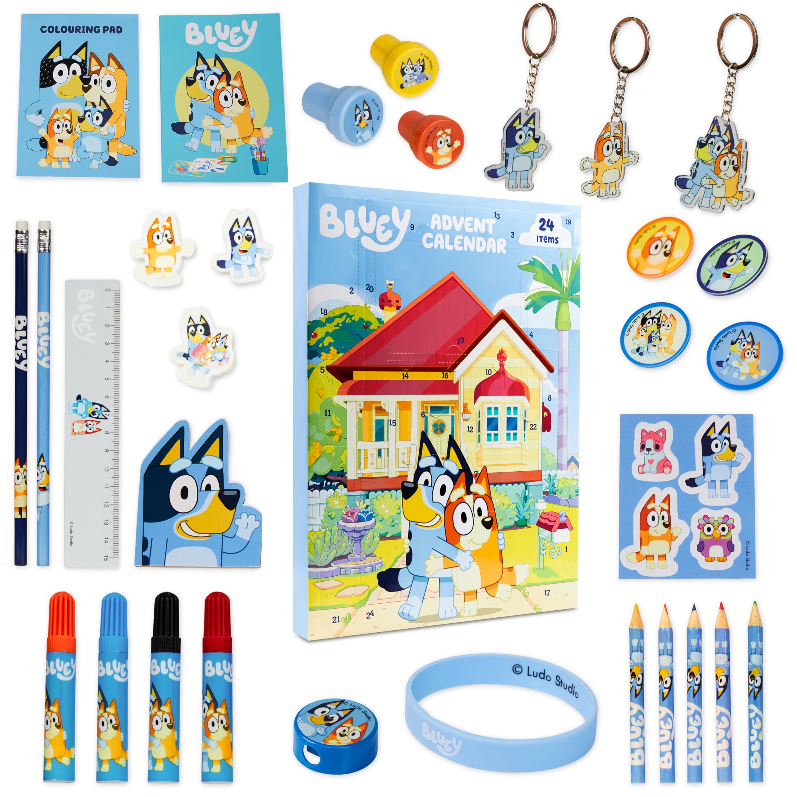 Bluey Advent Calendar 2024 for Kids, Stationery Colouring Pencils Keychains Bracelet
