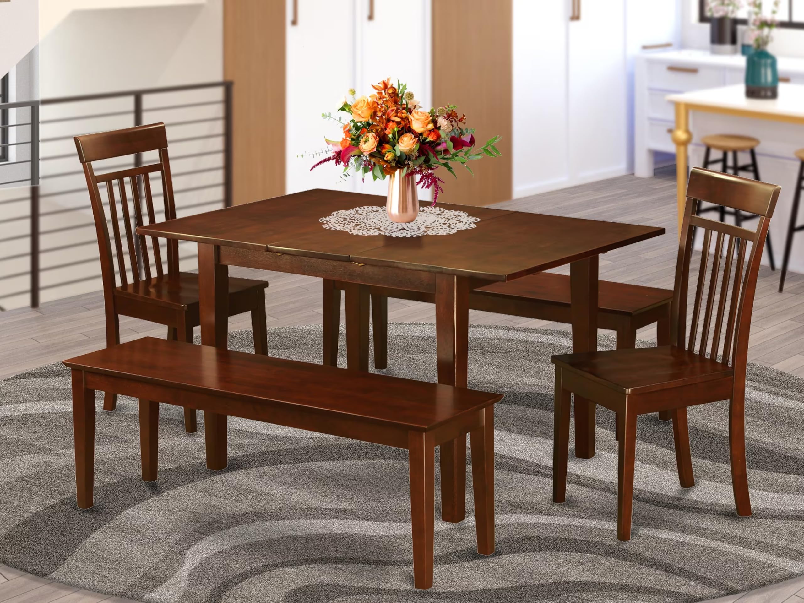 East West Furniture MLCA5C-MAH-W 5 Piece Dining Room Furniture Set Includes a Rectangle Kitchen Table with Butterfly Leaf and 2 Dining Chairs with 2 Benches, 36x54 Inch, Mahogany