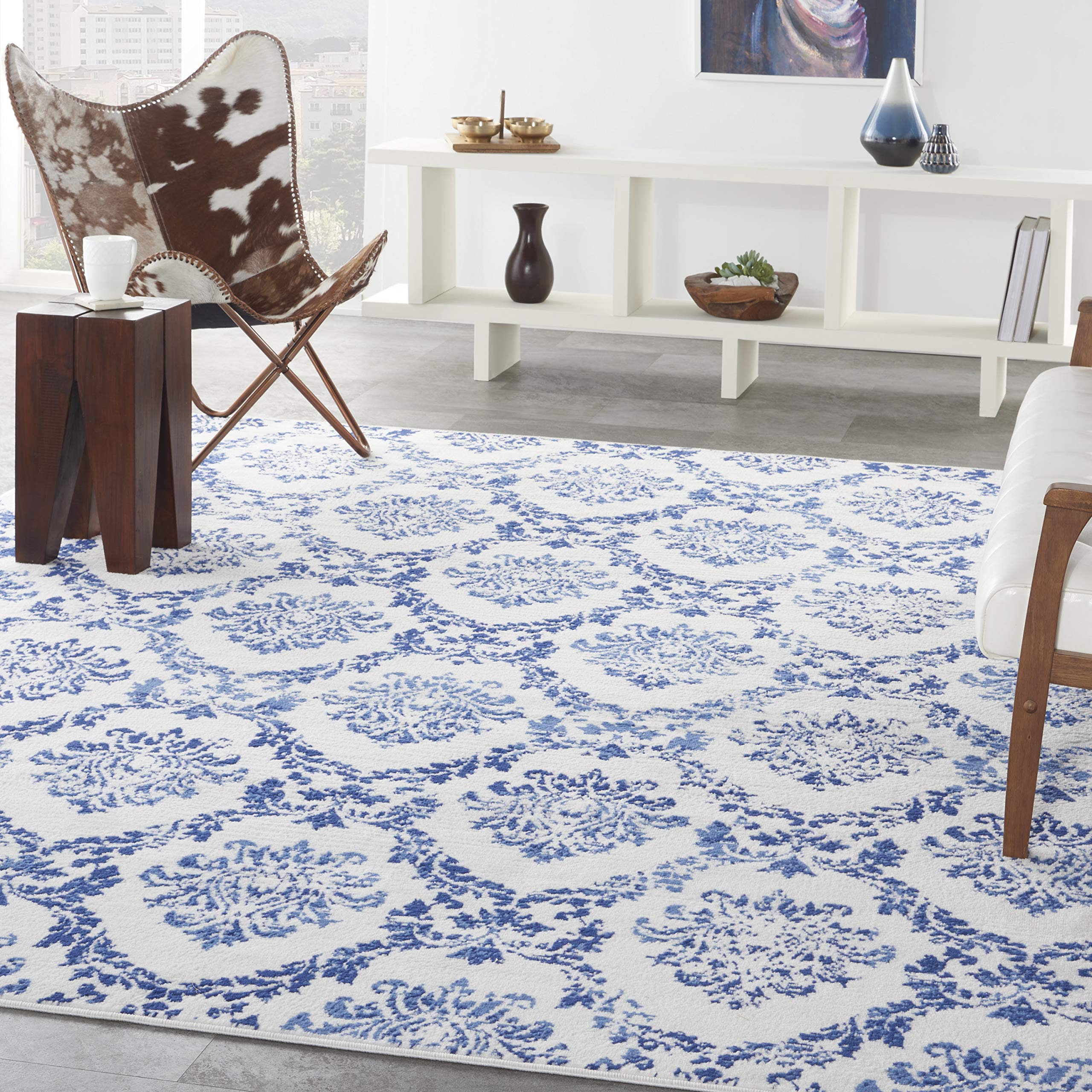 Nourison Whimsicle Damask Ivory Navy 8' X 10' Area Rug, Easy Cleaning, Non Shedding, Bed Room, Living Room, Dining Room, Kitchen