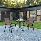 Flash Furniture Brazos 3 Piece Outdoor Patio Dining Set - 2 Brown Flex Comfort Stack Chairs - 23.75" Round Tempered Glass Patio Table