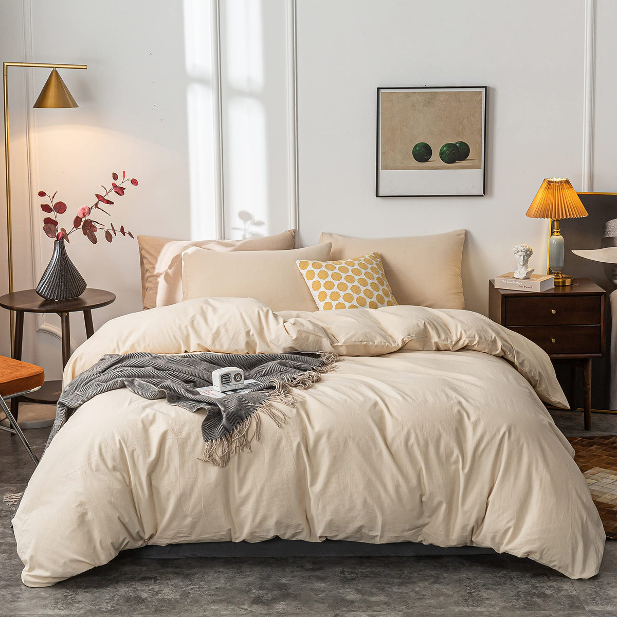 Janlive Washed Cotton Duvet Cover Twin Ultra Soft 100% Cotton Solid Color Beige Duvet Cover Set With Zipper Closure -2 Pieces Be