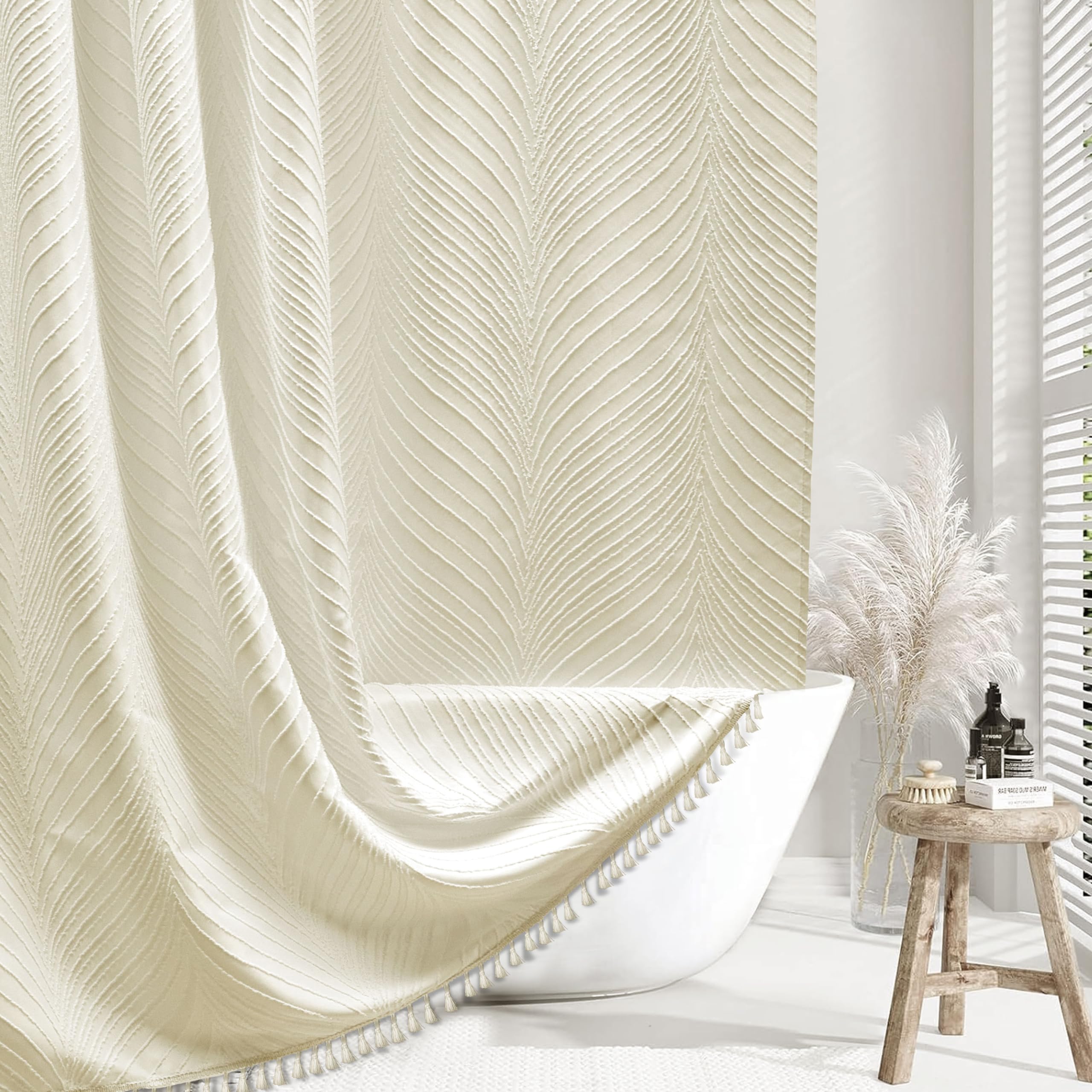 Siiluminisoy Extra Long Beige Boho Shower Curtain Woven Fabric Cute 84 Inch Shower Curtain, 72 X 84 Tufted Leaves Textured Strip