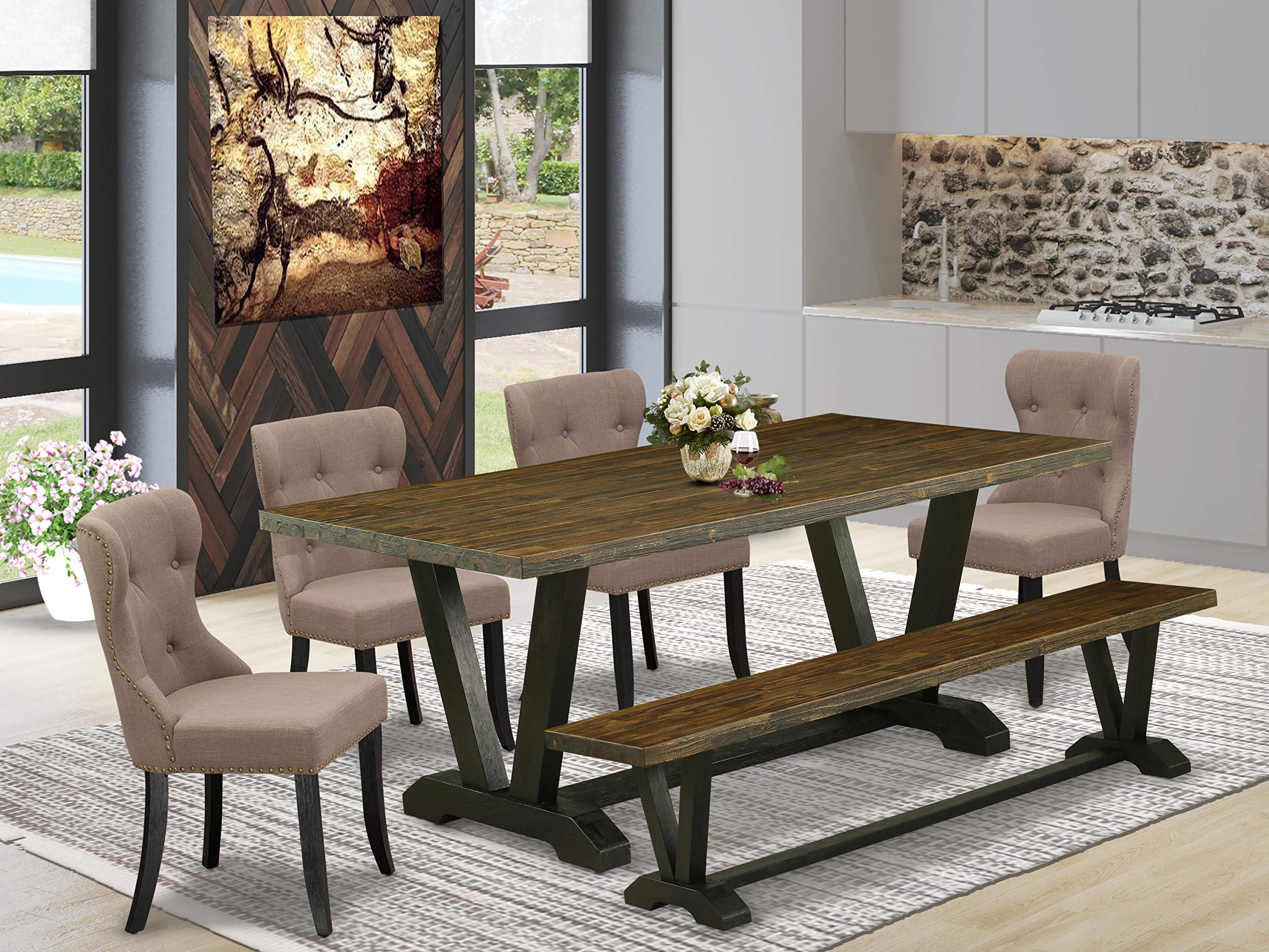 East West Furniture V-Style 6 Piece Set Contains A Rectangle Dining Room Table With V-Legs And 4 Coffee Linen Fabric Parson Chairs With A Bench, 40X72 Inch, Multi-Color