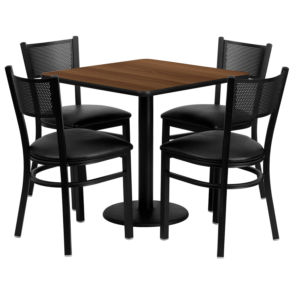 Flash Furniture 30'' Square Walnut Laminate Table Set With 4 Grid Back Metal Chairs - Black Vinyl Seat