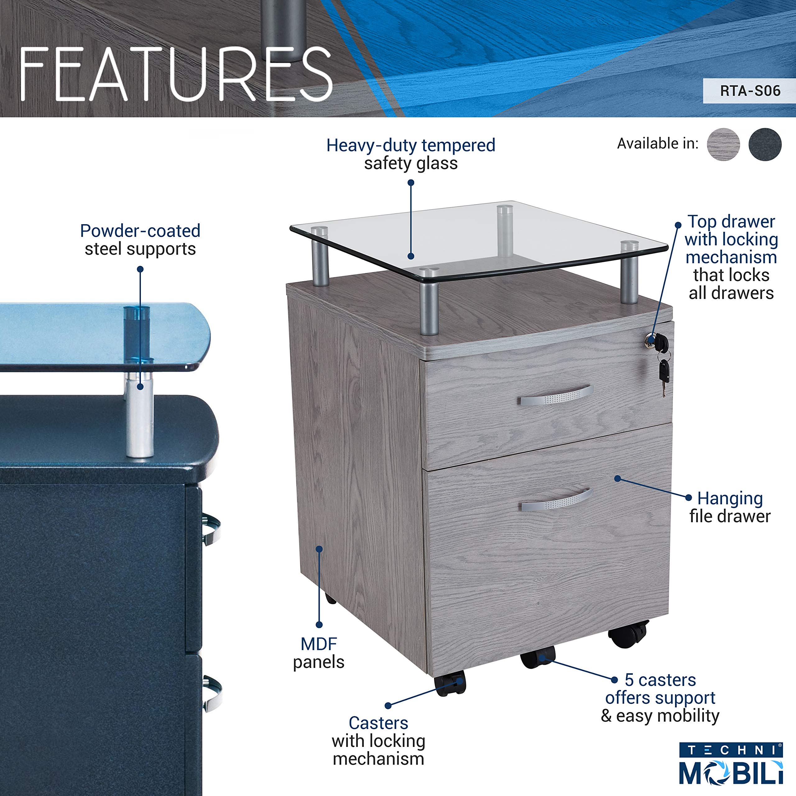 2-Drawer Rolling File Cabinet with Lock and Glass Top - Thumbnail 3