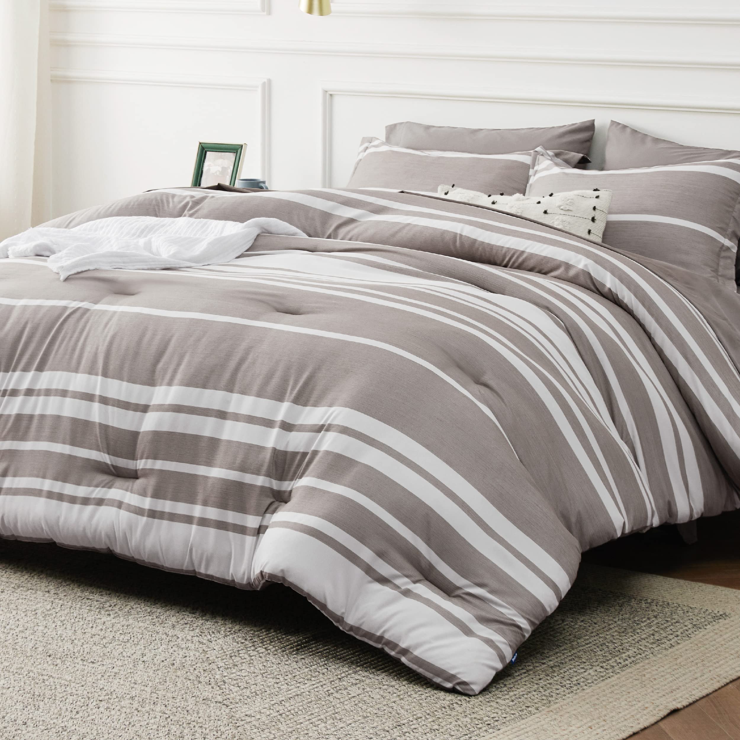 Bedsure Bed In A Bag Queen Size 7 Pieces, Warm Taupe White Striped Bedding Comforter Sets All Season Bed Set, 2 Pillow Shams, Flat Sheet, Fitted Sheet And 2 Pillowcases