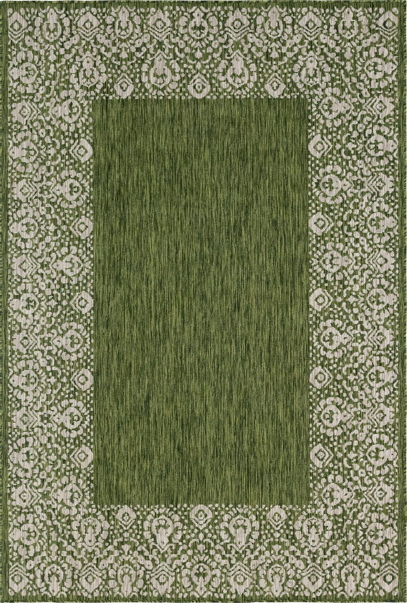 Unique Loom Outdoor Border Collection Area Rug - Floral Border (4' 1' X 6' 1' Rectangle, Green/ Ivory)