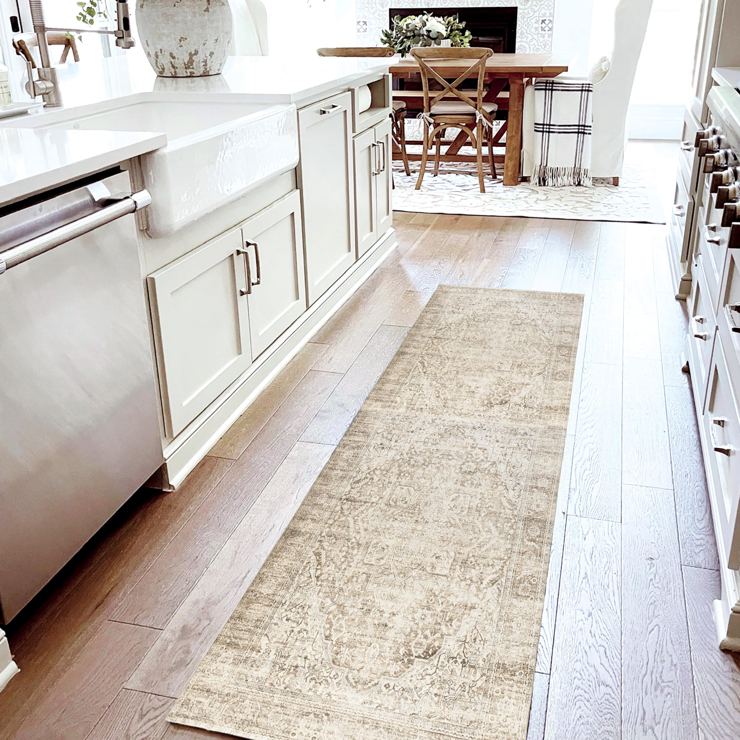 Neutral Farmhouse Hallway Rug Runner 2x6 Washable Non Slip Rubber Backing Vintage Modern Boho Runners Rugs for Entryway Indoor K