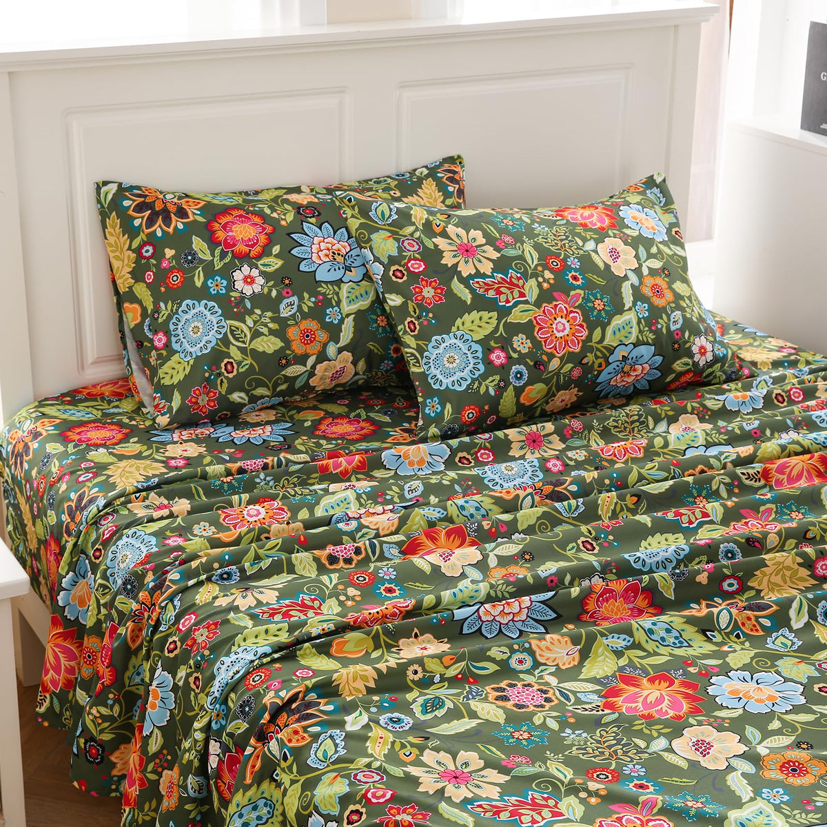 Meishang Full Sheet Set - Floral Sheets Deep Pocket Ultra Soft Brushed Microfiber With Up To 16' Mattresses - Wrinkle Free - 4