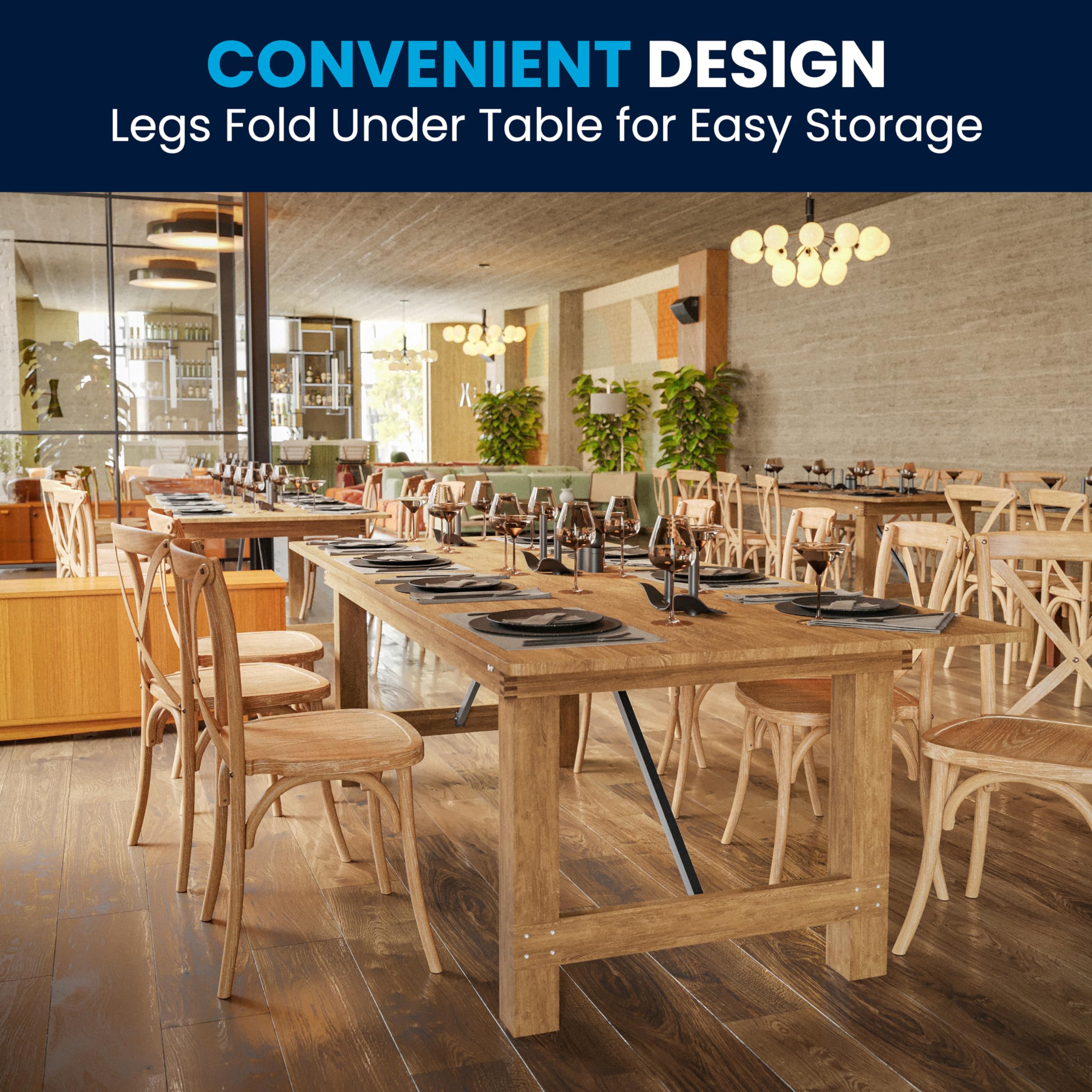 Flash Furniture Hercules Series 8' x 40&quot; Rustic Solid Pine Folding Dining Table, Rectangular Antique Farmhouse Dining and Event Extension Table