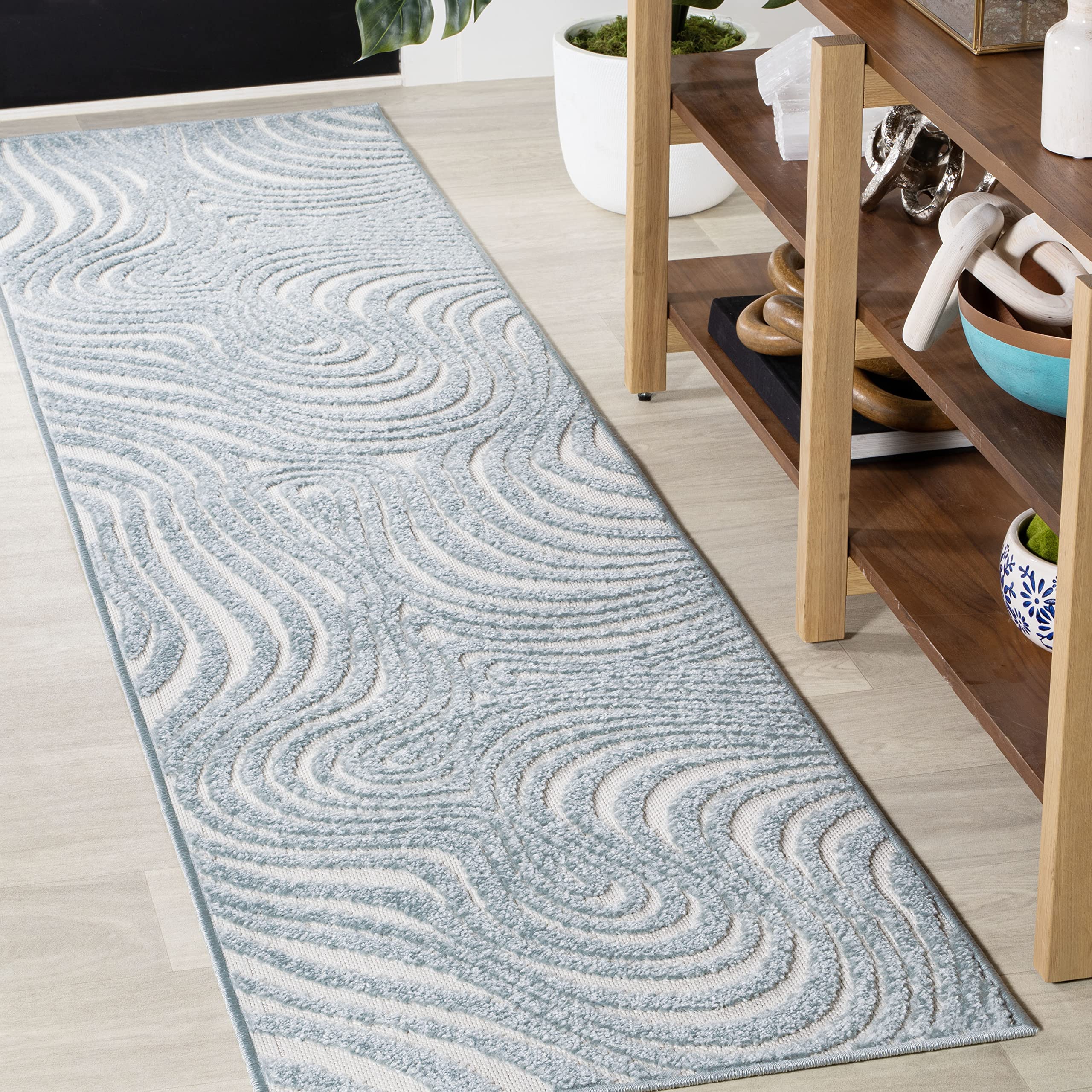 Jonathan Y Scn103C-210 Maribo High-Low Abstract Groovy Striped Light Blue/Ivory 2 Ft. X 10 Ft. Indoor/Outdoor Runner Rug, Pet Fr