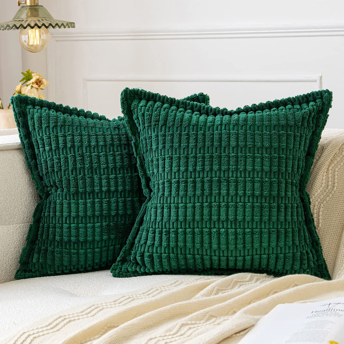 Miulee Christmas Green Corduroy Decorative Throw Pillow Covers Pack Of 2 Soft Striped Pillows Pillowcases With Broad Edge Modern