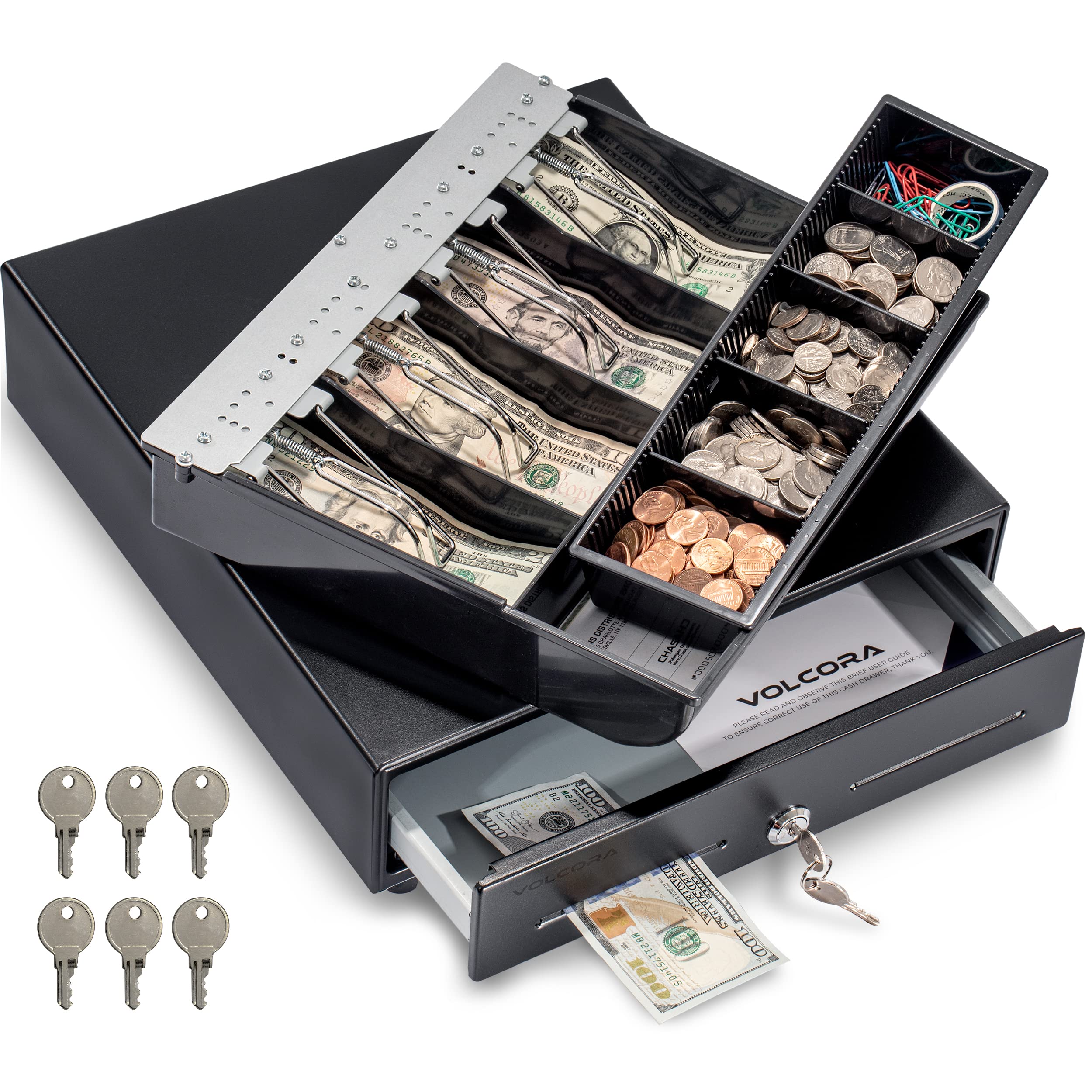 Volcora 13' Cash Register Drawer For Point Of Sale (Pos) System With Fully Removable 2 Tier Cash Tray, 4 Bill/5 Coin, 24V, Rj11
