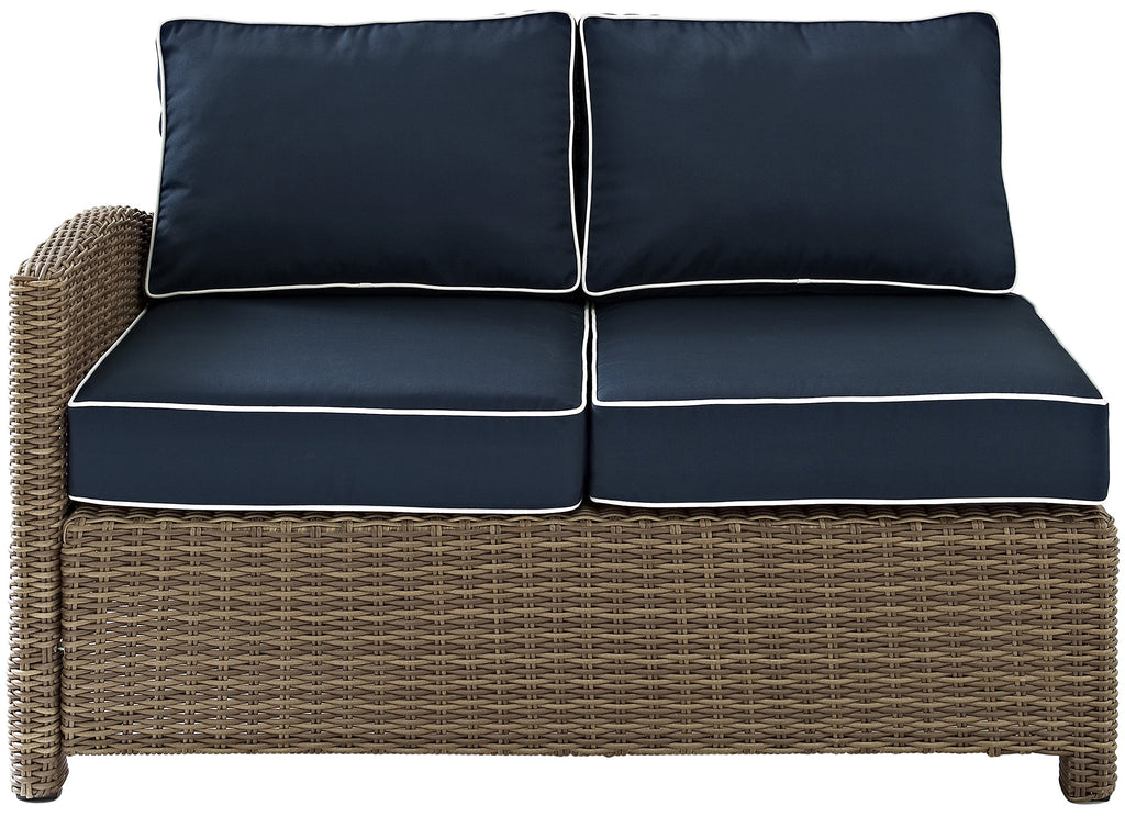 Crosley Furniture Bradenton Outdoor Sectional Left Side Loveseat, 2-Person Wicker Patio Couch for Deck, Brown with Navy Cushions