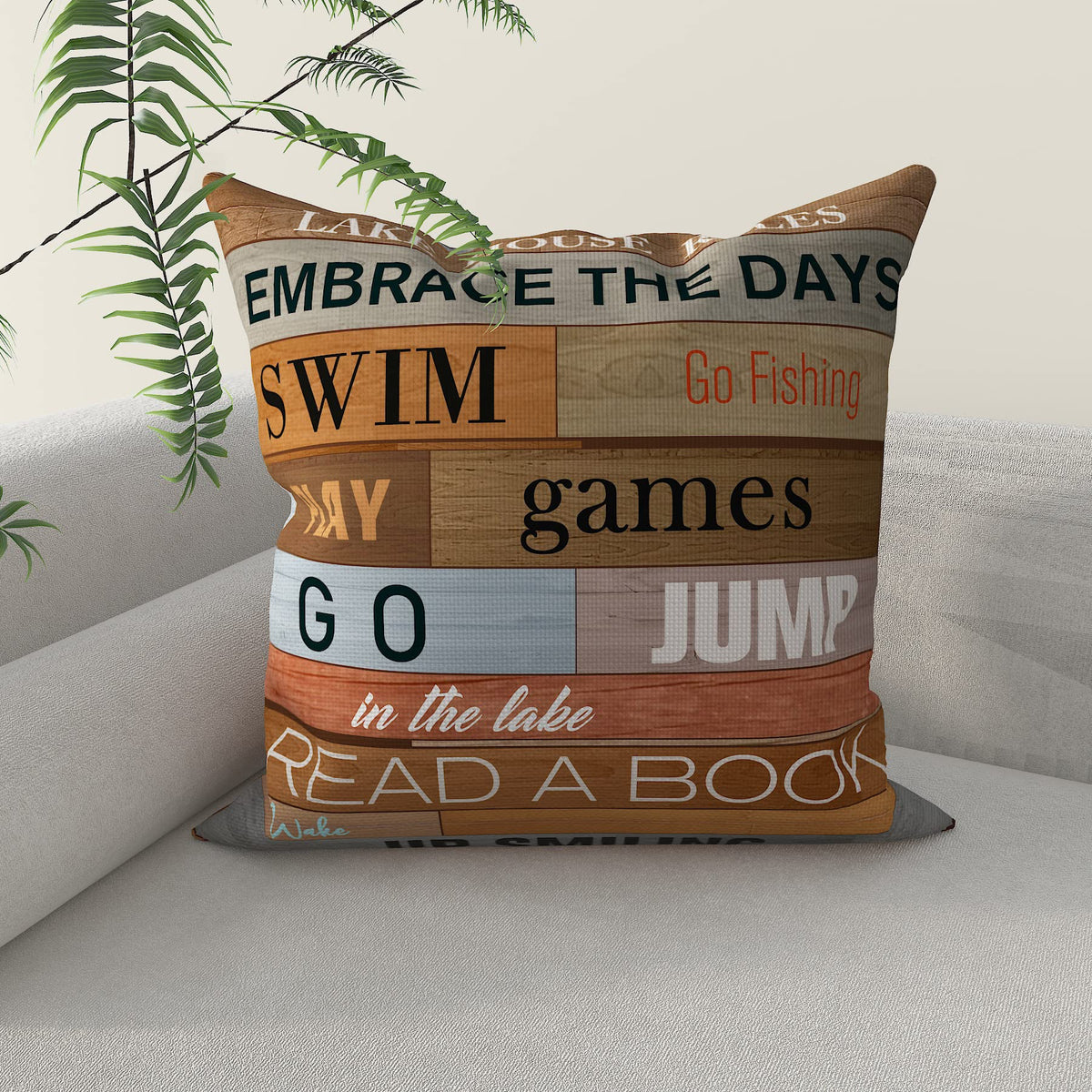 Lake House Rules Throw Pillow Case, 20' X 20' Decorative Throw Pillowcase, Warm Lettering Quote With Retro Wood Grain Backgrou