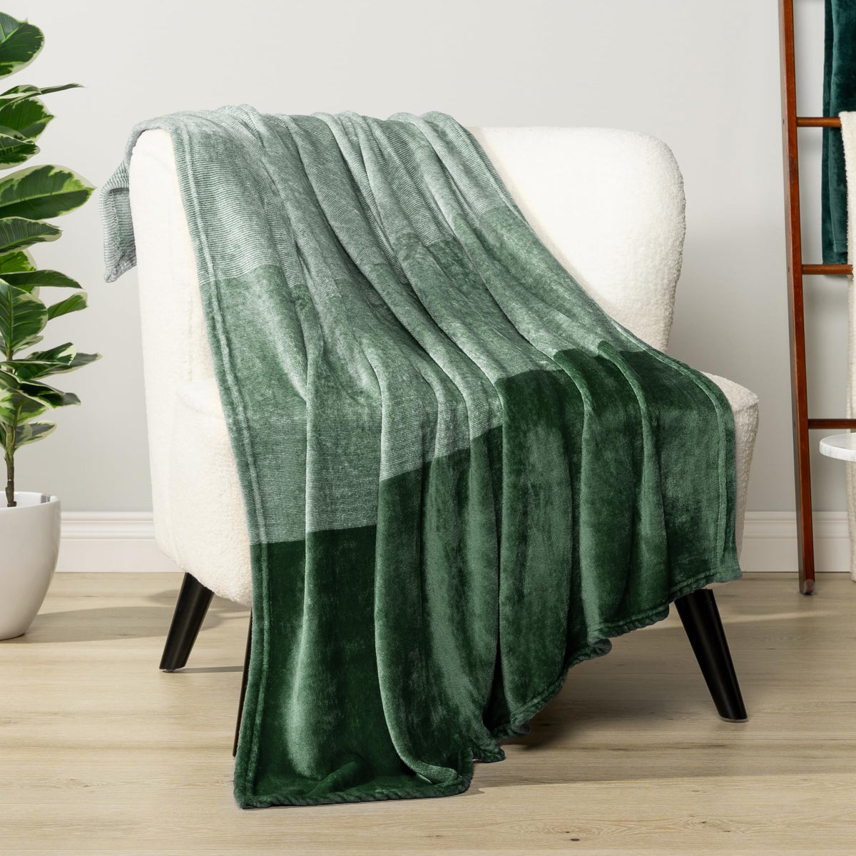 Pavilia Green Ombre Fleece Throw Blanket For Couch, Soft Flannel Blanket For Sofa Bed Room, Plush Lightweight Emerald Forest Dar