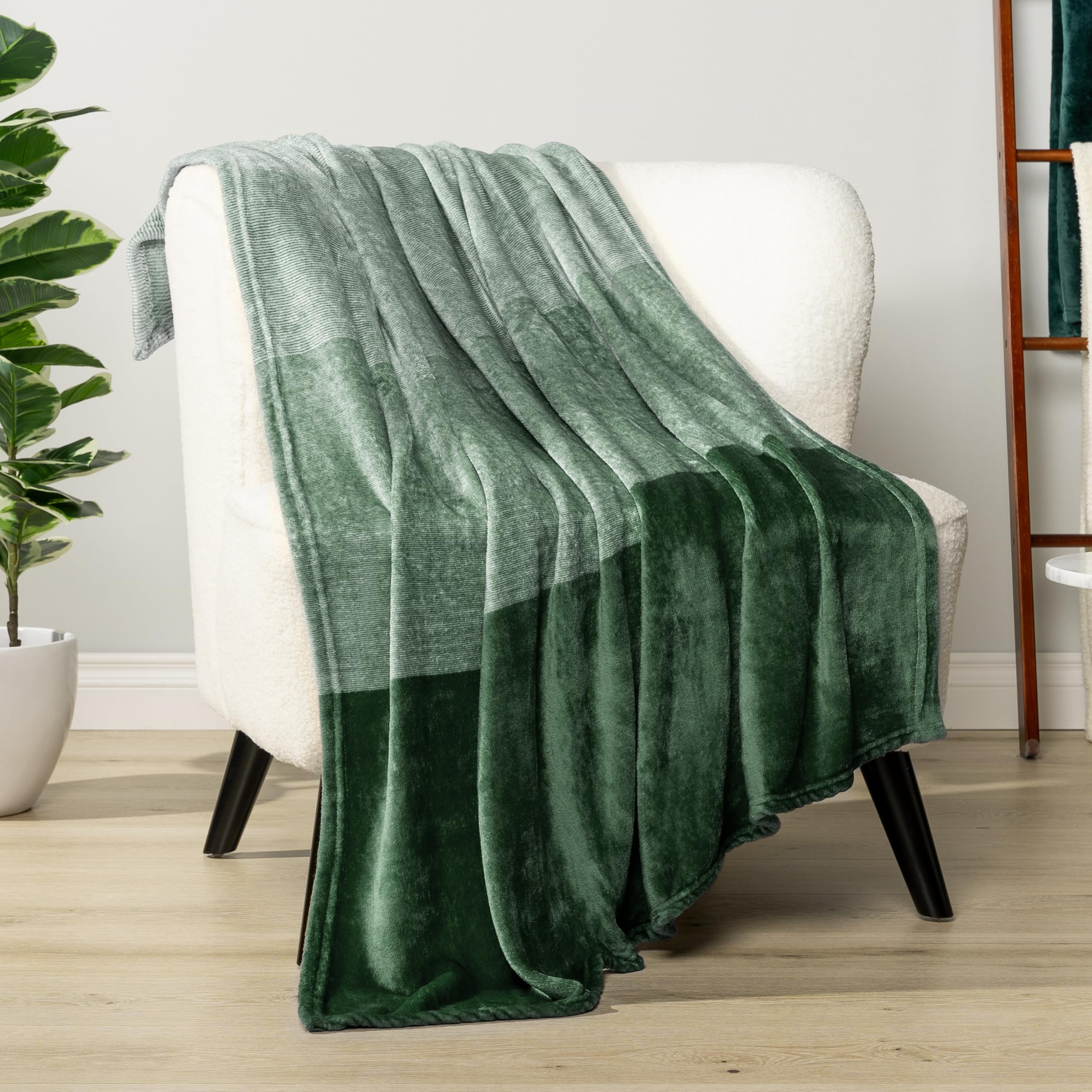 Pavilia Green Ombre Fleece Throw Blanket For Couch, Soft Flannel Blanket For Sofa Bed Room, Plush Lightweight Emerald Forest Dar