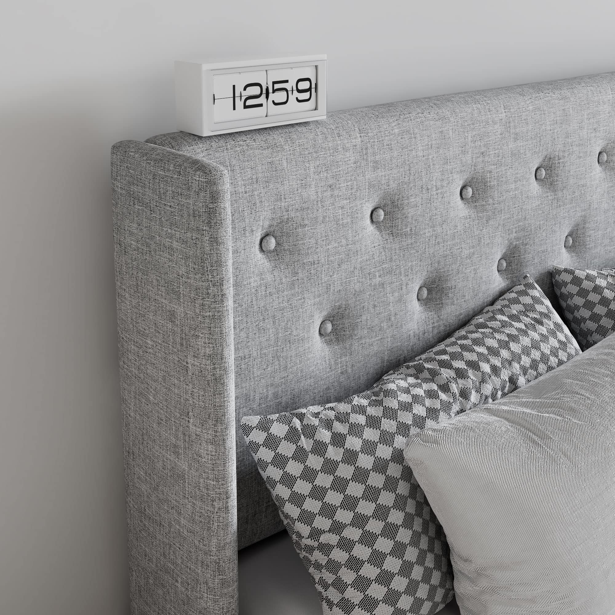 Sha Cerlin Full Size Lift Up Storage Bed/Button Tufted Wingback Headboard/Hydraulic Storage/Upholstered Platform Bed Frame/No Box Spring Needed/Wood Slats Support/Light Grey